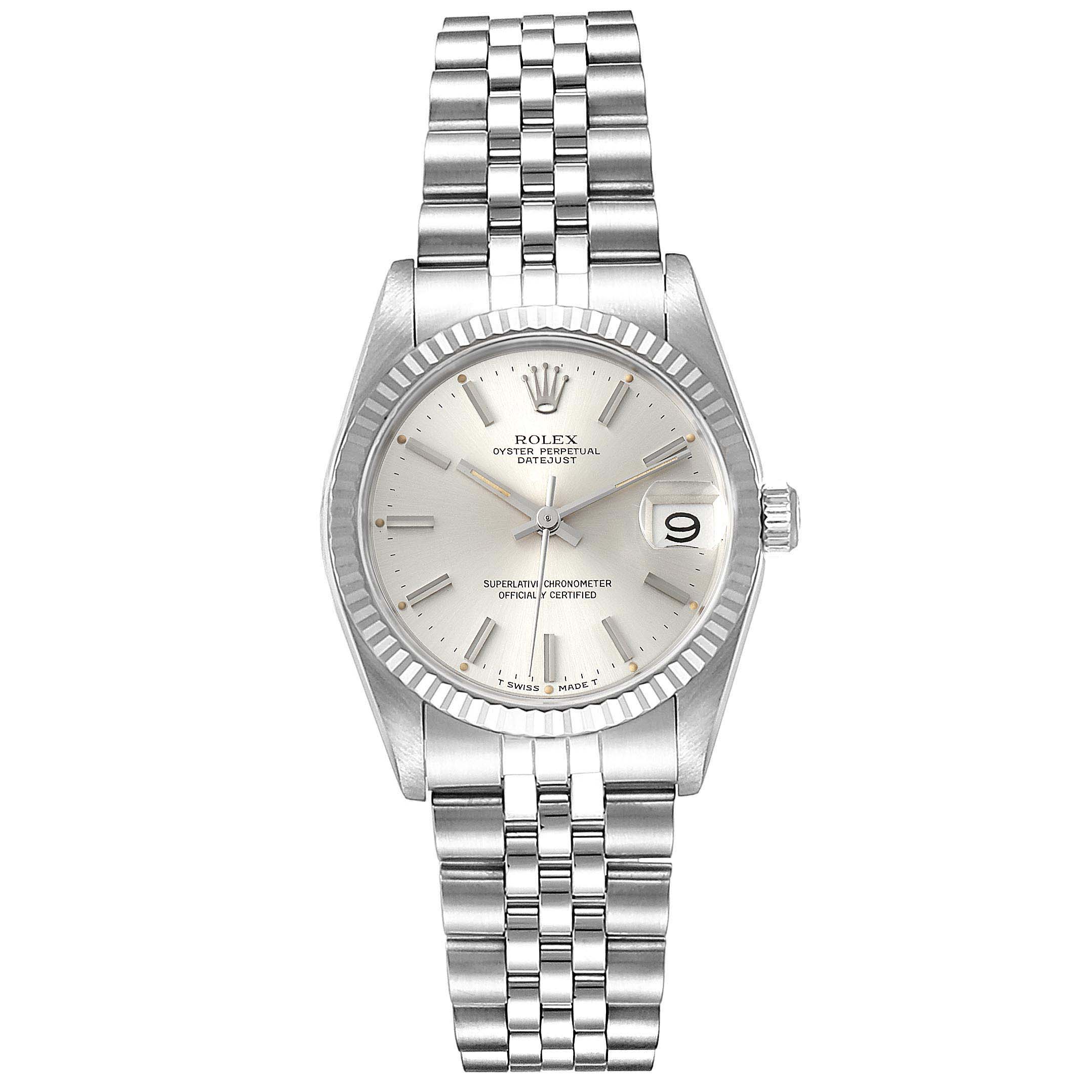 The image shows a front view of a Mid-Size Rolex Oyster Perpetual Datejust watch, featuring its stainless steel case, fluted bezel, and bracelet.