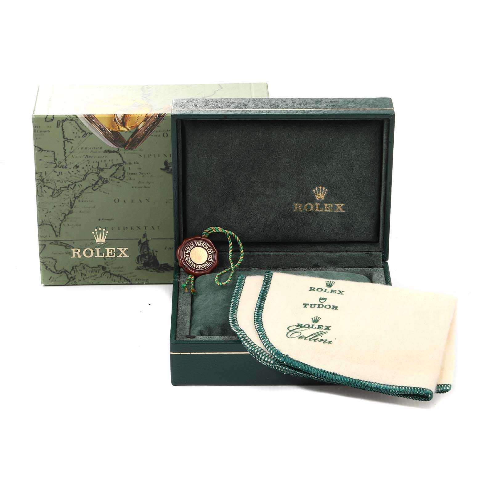 The image shows the box, a tag, and a cleaning cloth for a Rolex Mid-Size 68274 Women
s Stainless Steel Silver Dial 68274 Women
s Stainless Steel Silver Dial model, with the box lid open.