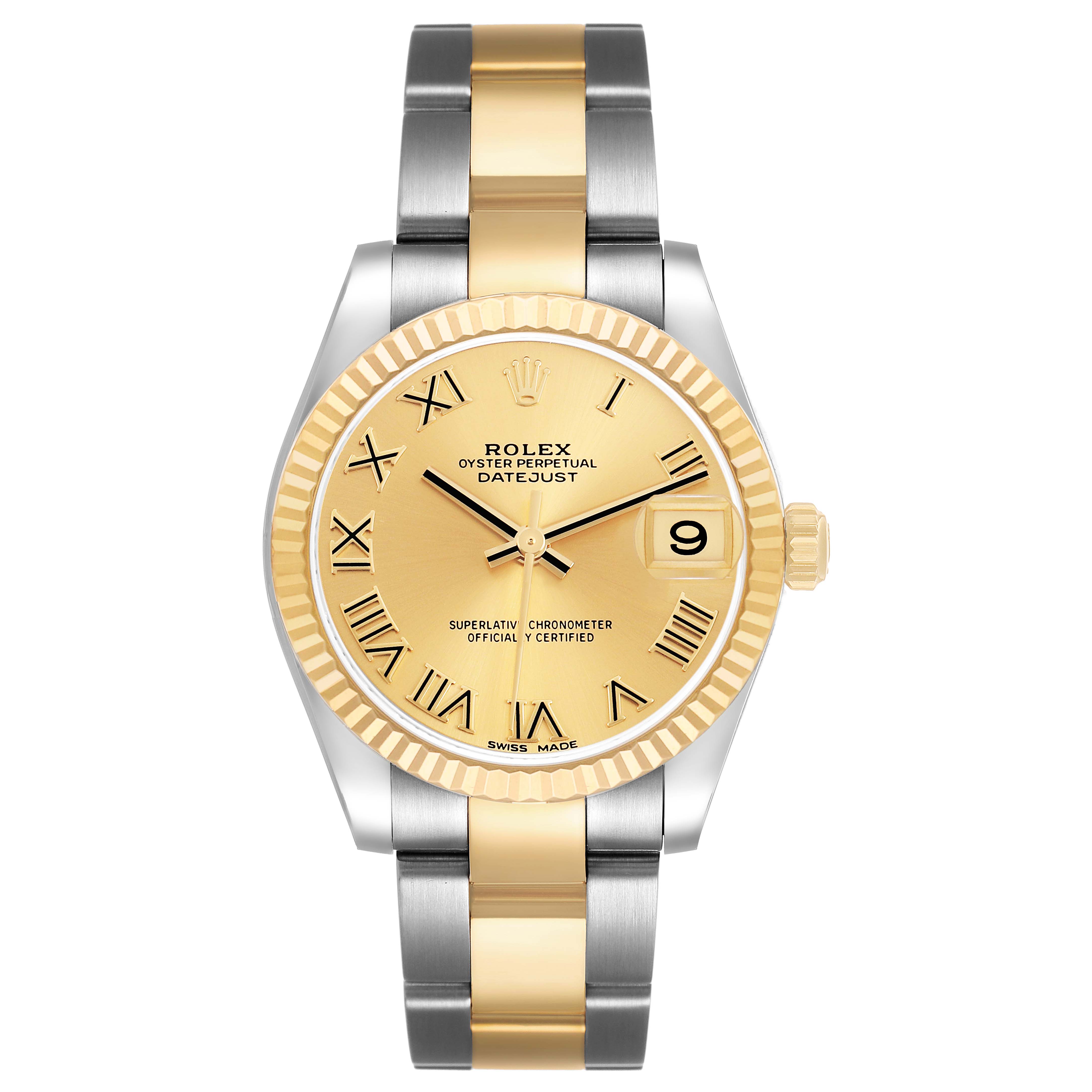 The Rolex Mid-Size 178273 Women's Steel and Gold (two tone) Champagne Dial Datejust watch is shown from a front angle, highlighting its gold dial, two-tone bracelet, and fluted bezel.