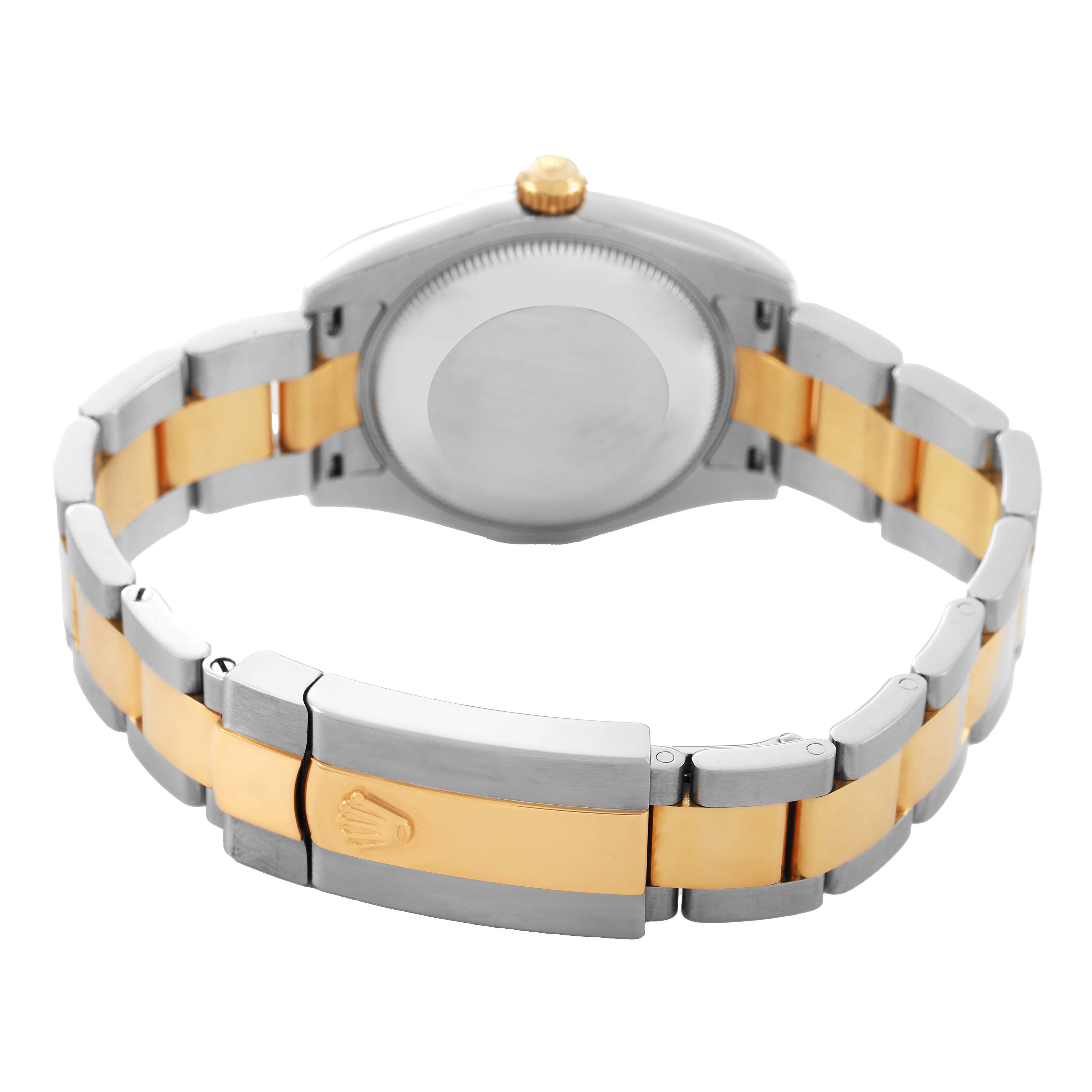 The image shows the back and bracelet of a Mid-Size Rolex watch, showcasing its two-tone metal and clasp.