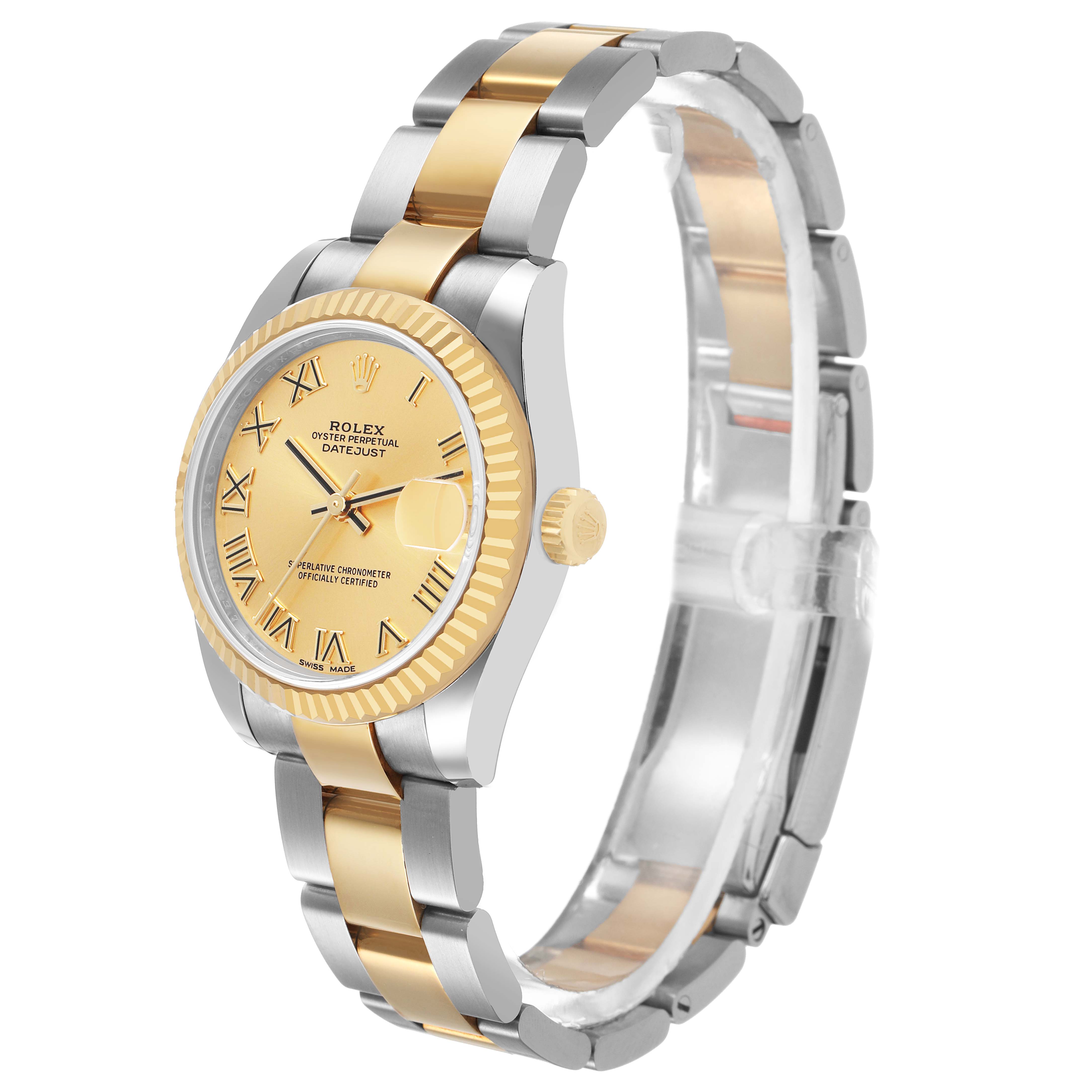 The Rolex Mid-Size 178273 Women's Steel and Gold (two tone) Champagne Dial watch is shown at a slight angle, highlighting the face, two-tone bracelet, and fluted bezel.