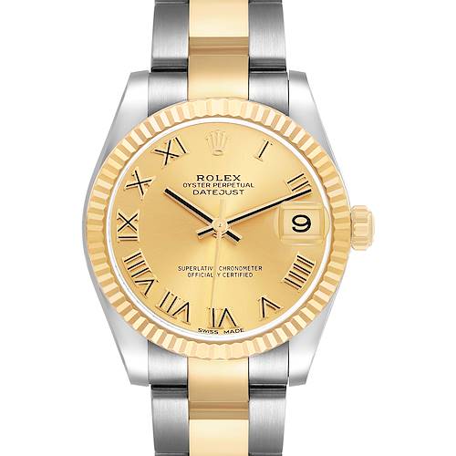 The Rolex Mid-Size 178273 Women's Steel and Gold (two tone) Champagne Dial Datejust watch is shown from a front angle, highlighting its gold dial, Roman numerals, and two-tone bracelet.