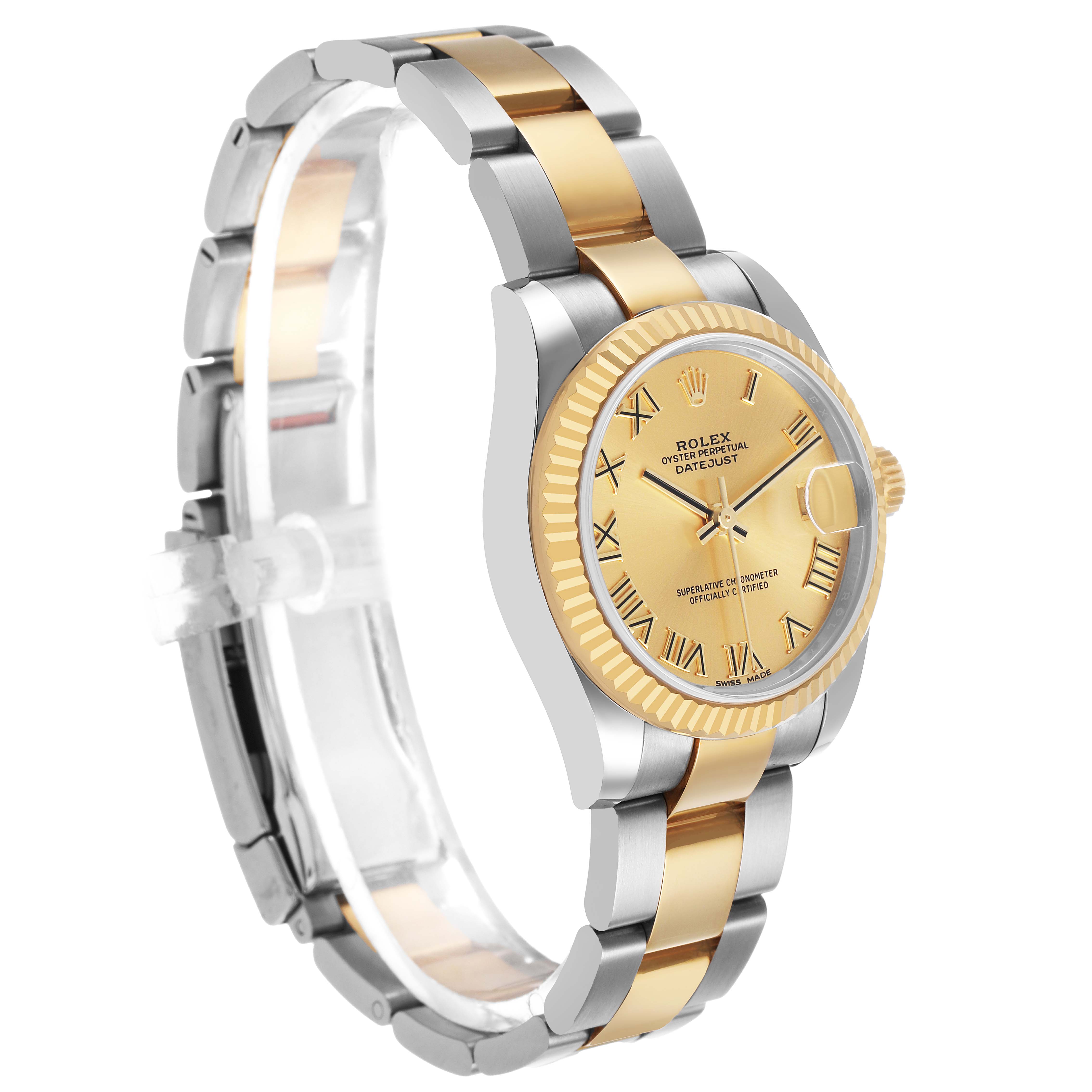The Rolex Datejust Mid-Size watch is shown at a three-quarter angle, highlighting the bezel, dial, and bracelet.