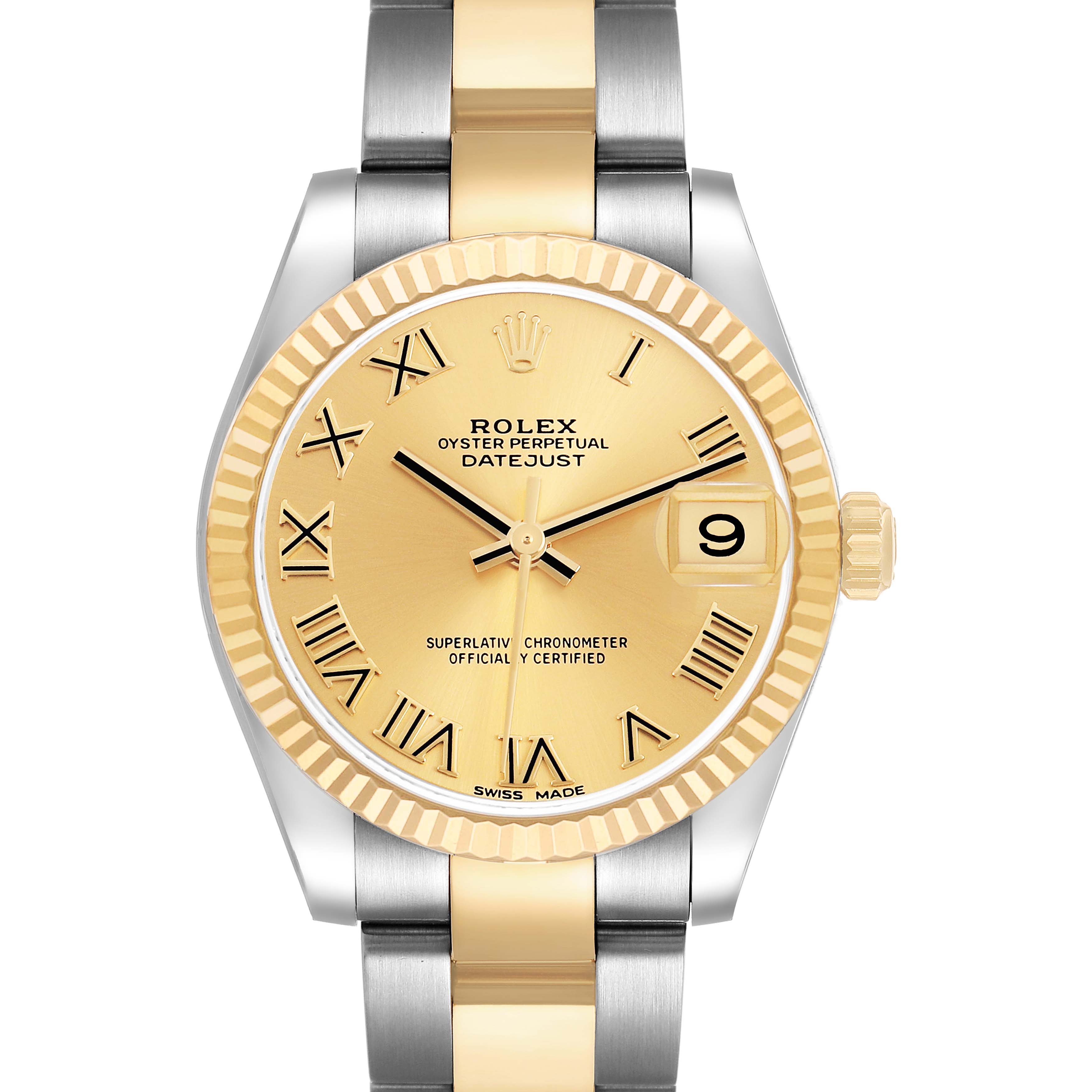 The Rolex Mid-Size 178273 Women's Steel and Gold (two tone) Champagne Dial watch is shown from the front, highlighting the dial, bezel, and bracelet.