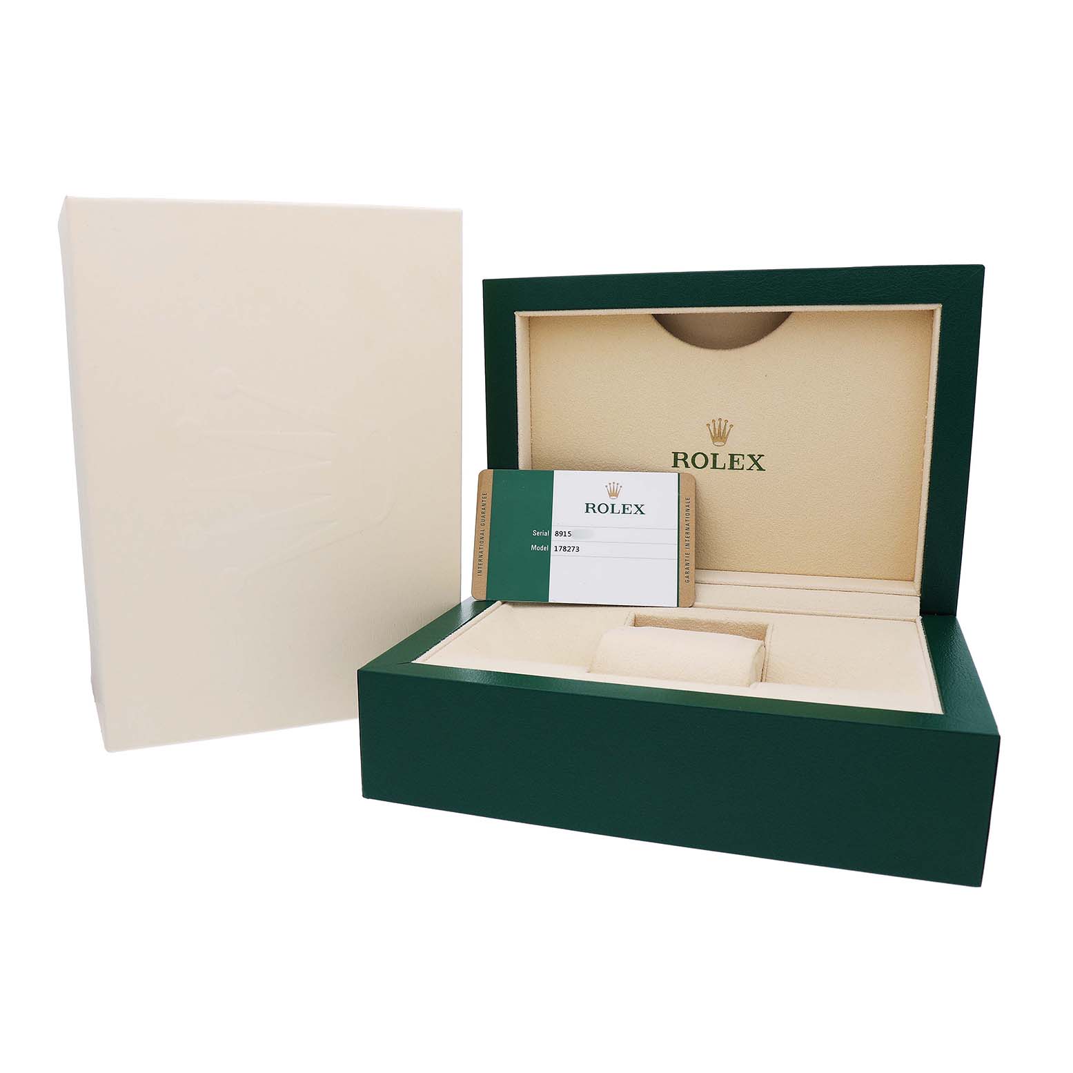 The image shows a Rolex Mid-Size 178273 Women's Steel and Gold (two tone) Champagne Dial watch box with an open lid, featuring a warranty card inside.