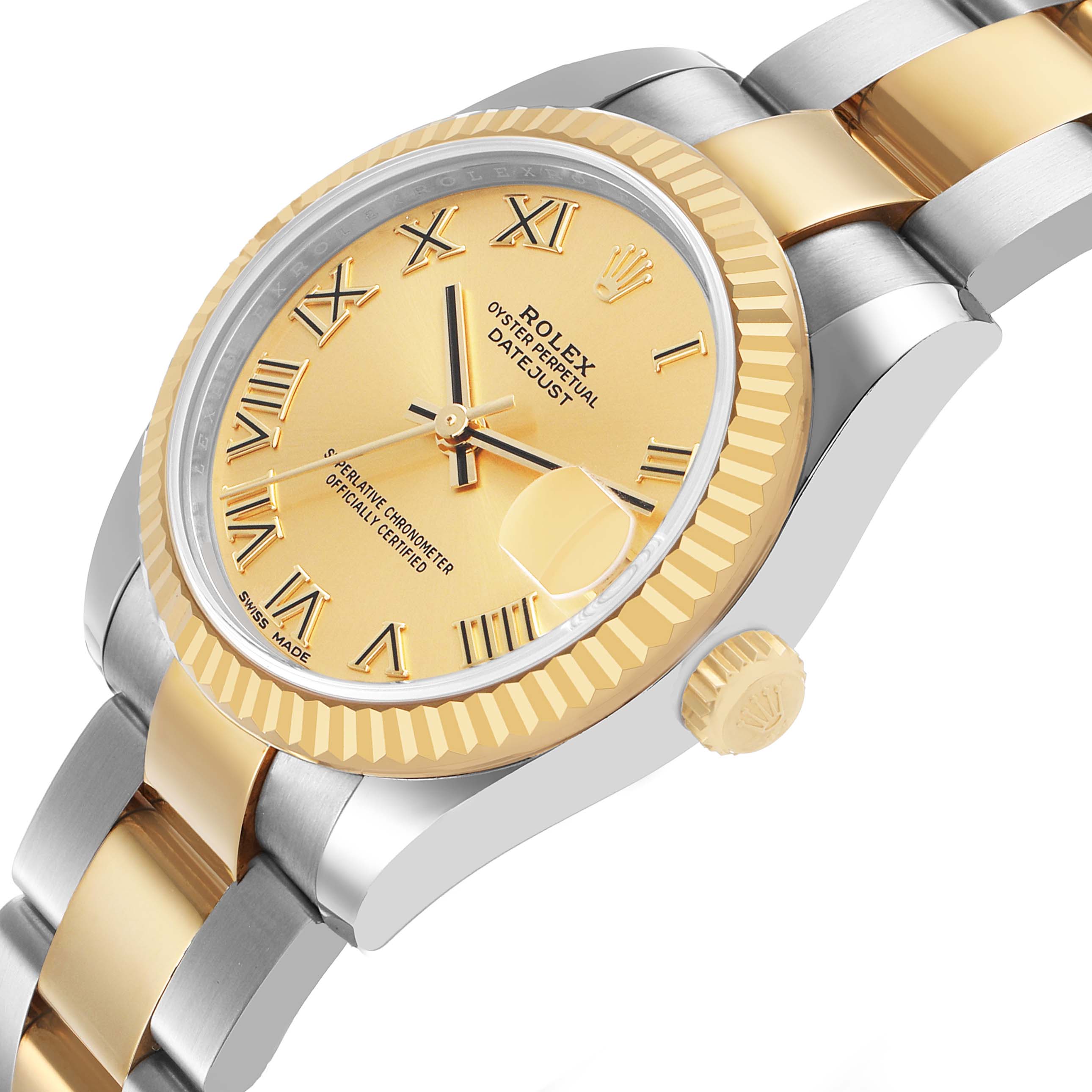 The Rolex Mid-Size 178273 Women's Steel and Gold (two tone) Champagne Dial watch is shown in a diagonal side view, displaying the face, bezel, crown, and part of the bracelet.