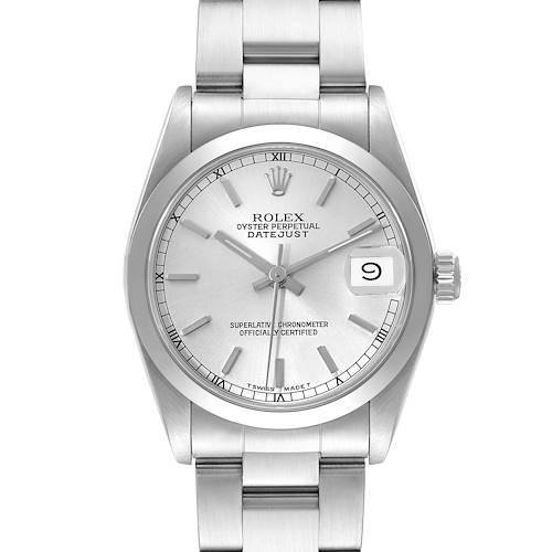 The image shows a front view of a Rolex Oyster Perpetual Datejust Mid-Size watch, highlighting its dial, bracelet, and date window.