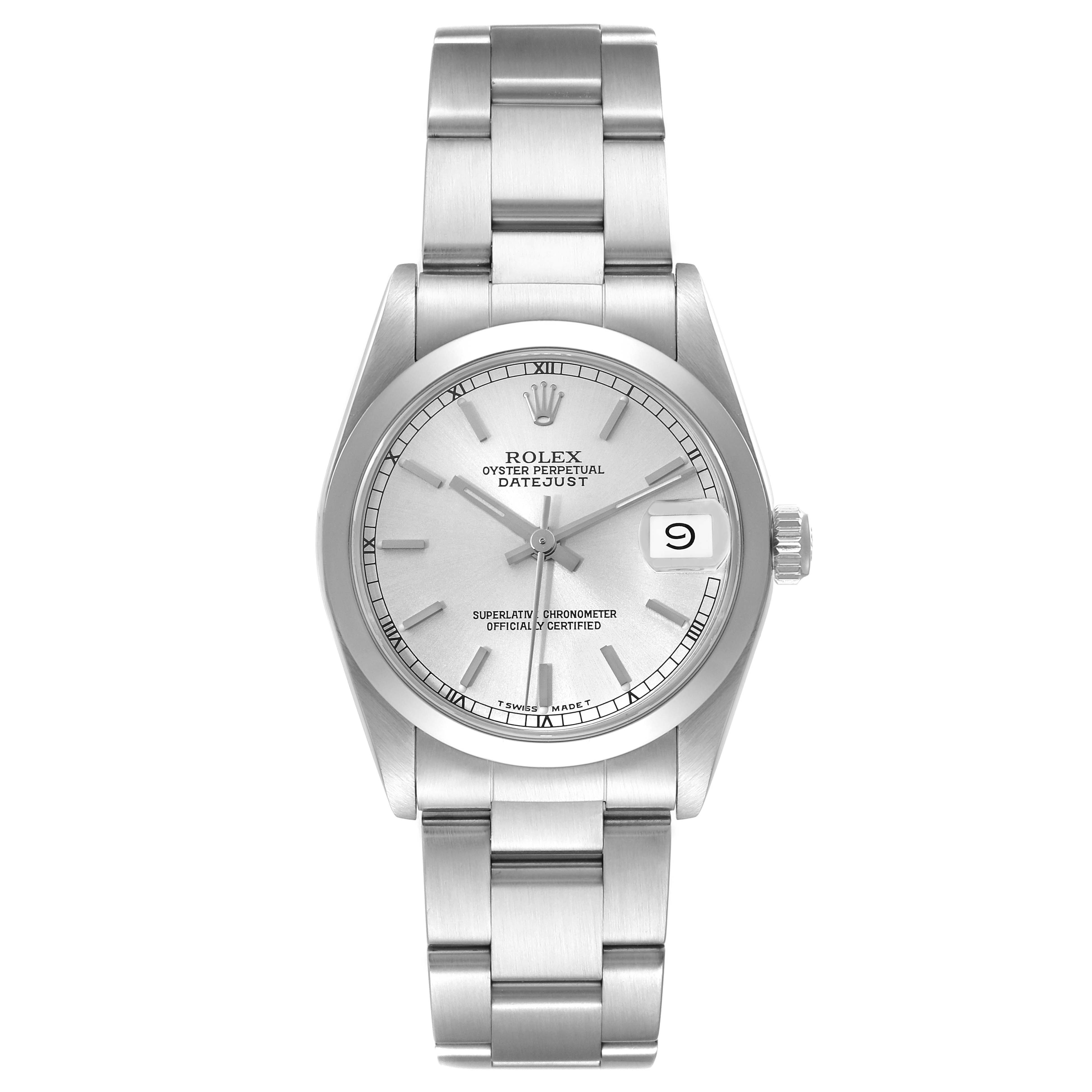 This is a front view of a Rolex Oyster Perpetual Datejust Mid-Size watch, showing the dial, hands, date window, and bracelet.