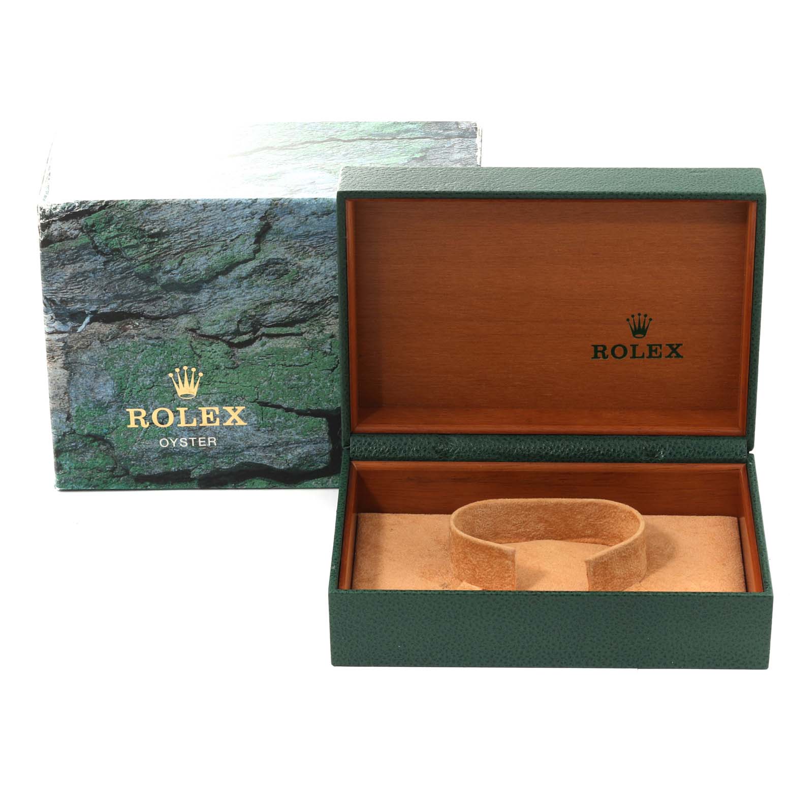 This image shows an open Rolex Oyster watch box with a green exterior and wooden interior, used for a Mid-Size model by Rolex.