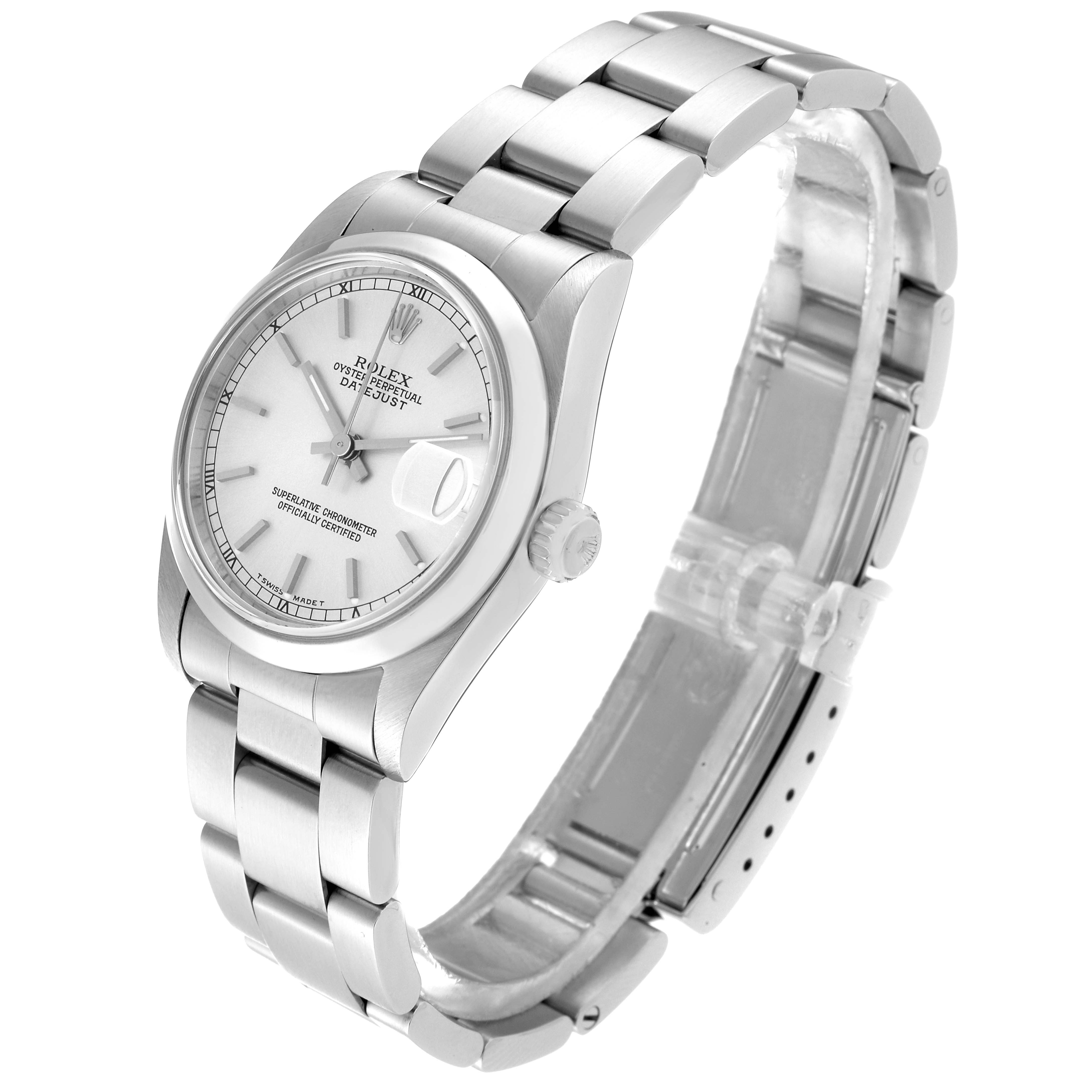 This is a side view of a Rolex Mid-Size 68240 Women's Stainless Steel Silver Dial 68240 Women's Stainless Steel Silver Dial watch showing the face, band, and crown.