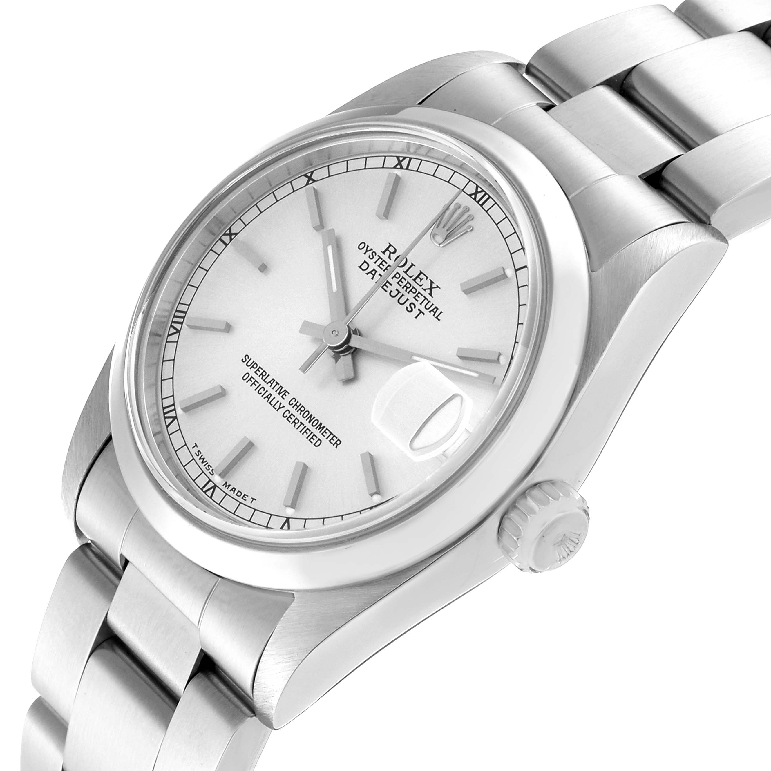 The image shows a Rolex Oyster Perpetual Datejust Mid-Size watch, angled to display its face, bezel, crown, and part of the bracelet.