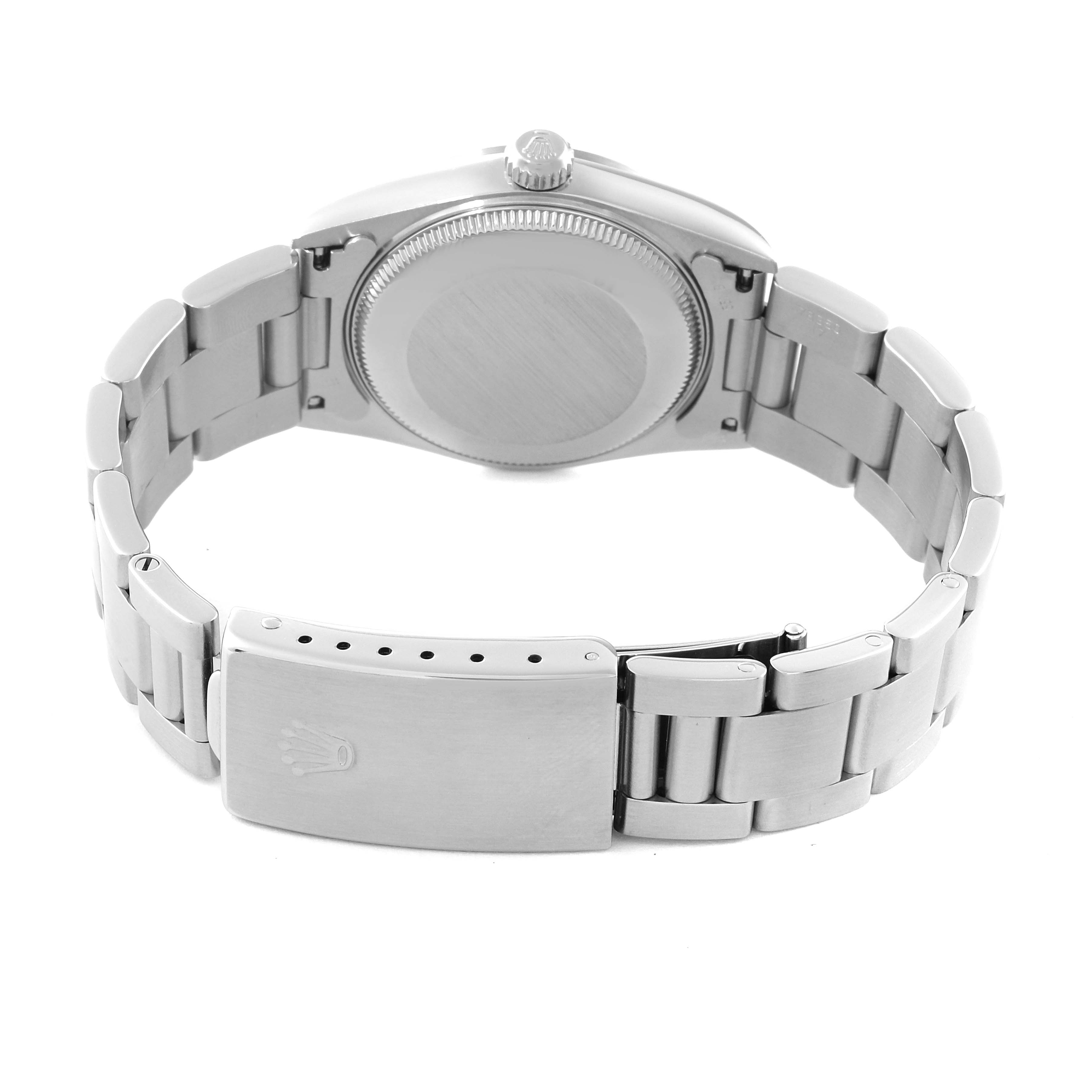 The image shows the back view of a Rolex Mid-Size 68240 Women's Stainless Steel Silver Dial 68240 Women's Stainless Steel Silver Dial model watch, highlighting its case back, bracelet, and clasp.