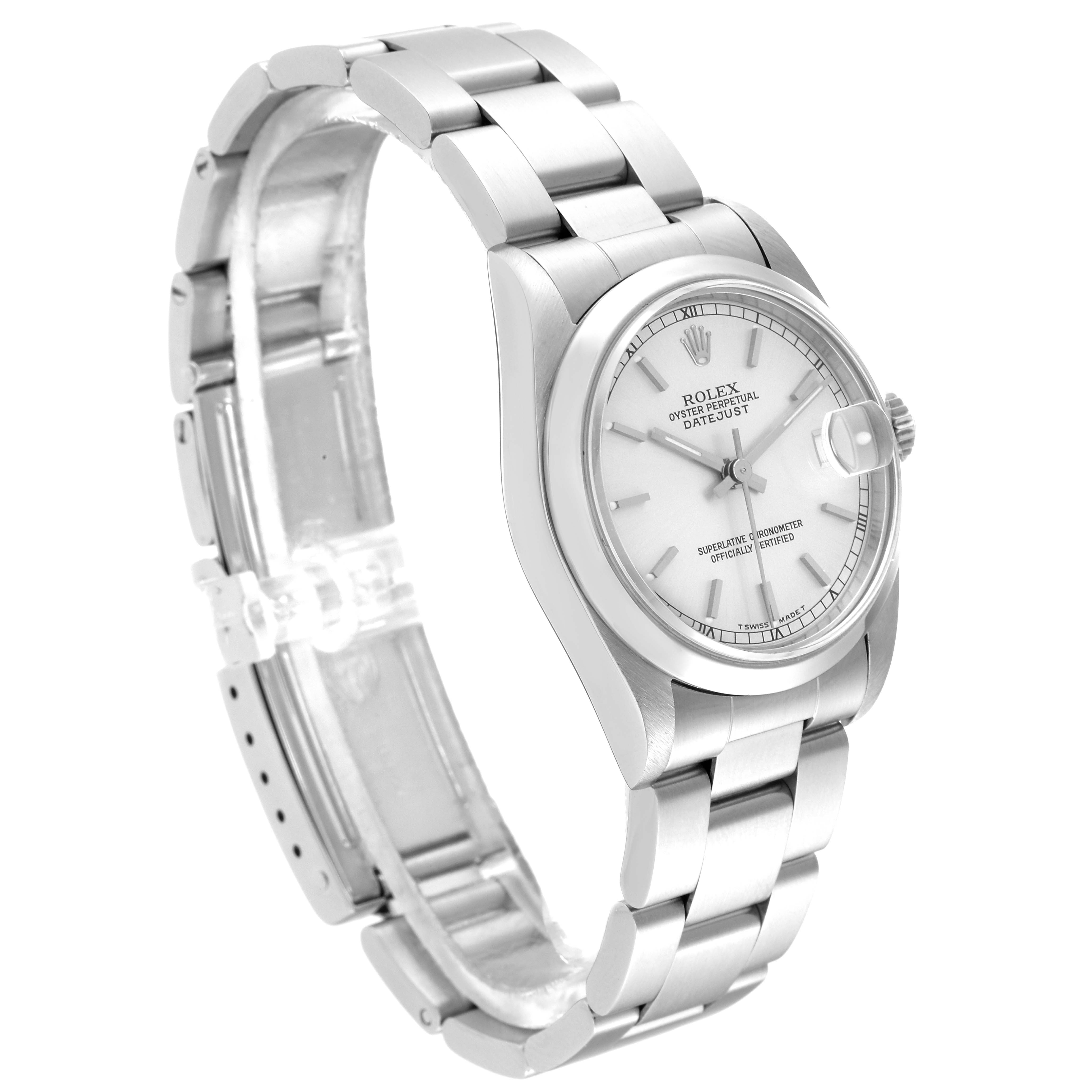 This image shows a Rolex Mid-Size 68240 Women's Stainless Steel Silver Dial 68240 Women's Stainless Steel Silver Dial Datejust watch angled to display its bracelet, face, and crown.