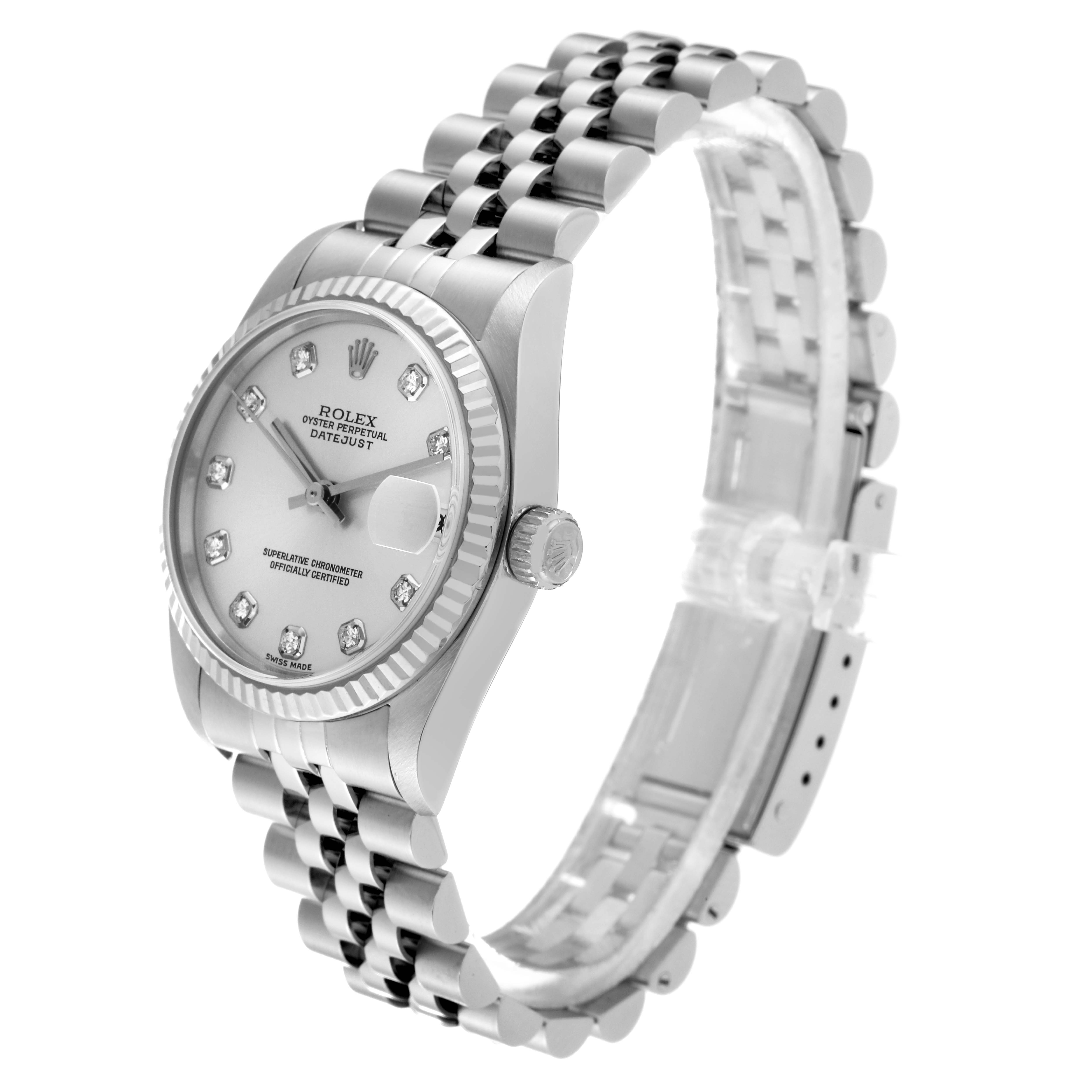 The image shows a mid-size Rolex Datejust watch at a slight side angle, displaying the face, crown, and part of the bracelet.