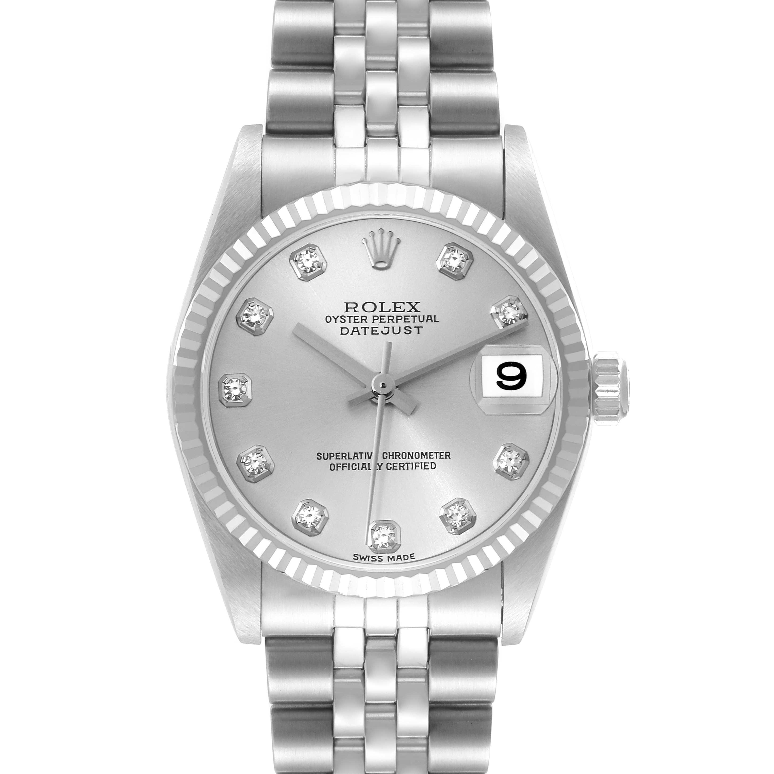 The image shows a Rolex Oyster Perpetual Datejust Mid-Size watch from the front, highlighting the bracelet, dial, and date magnifier.