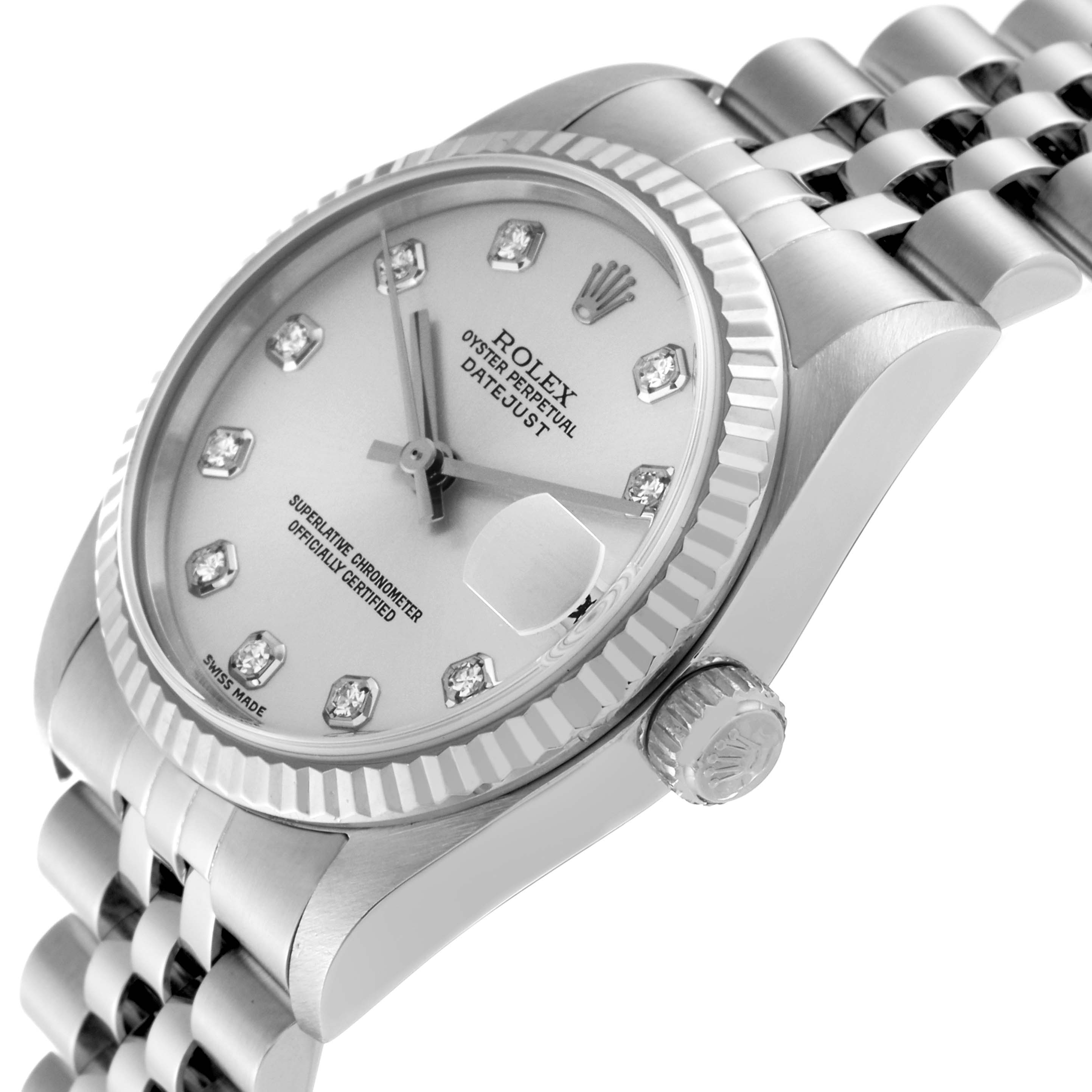 This image shows a close-up angled view of the dial and bezel of a mid-size Rolex Oyster Perpetual Datejust.