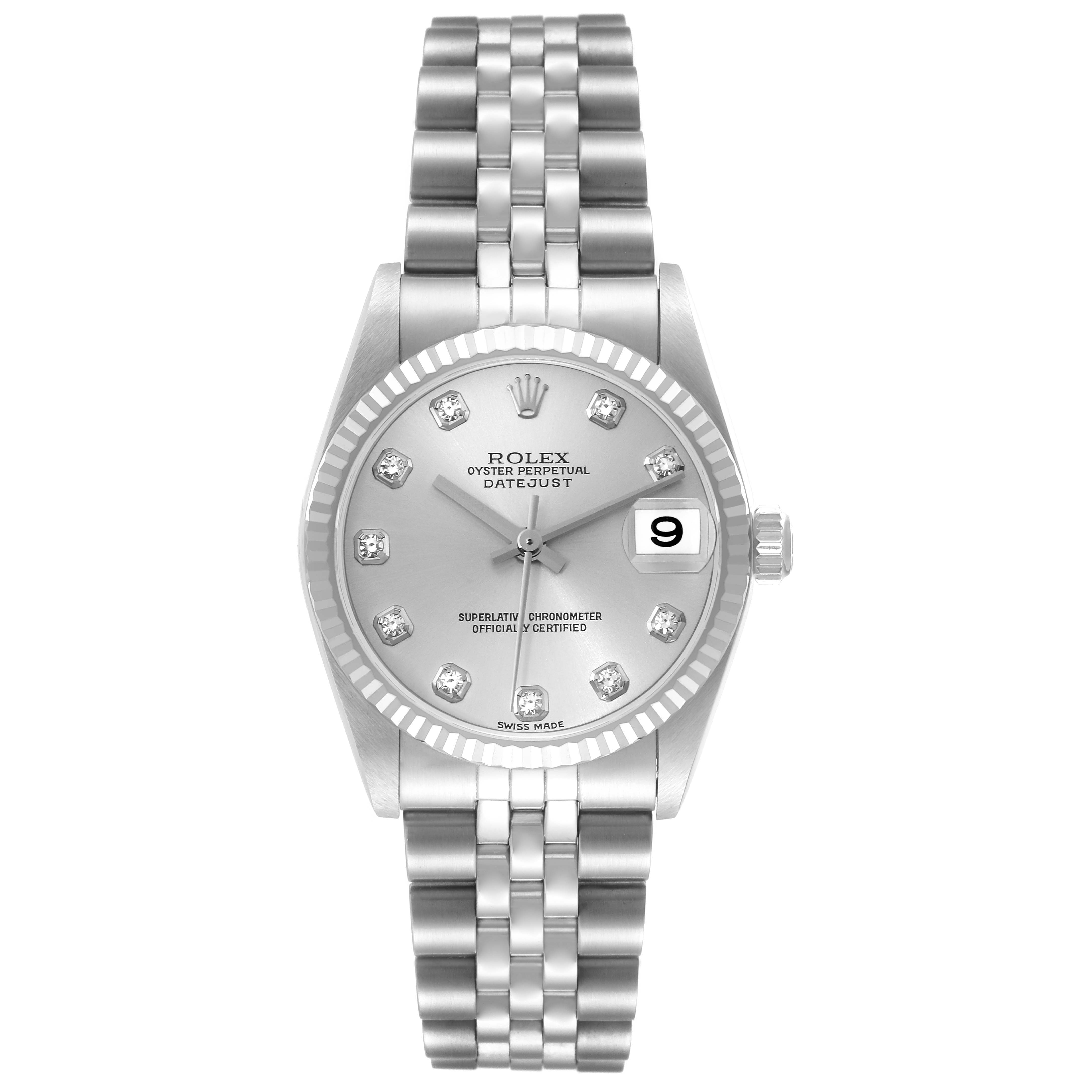 This image shows a front view of a mid-size Rolex Oyster Perpetual Datejust watch, featuring its dial, bezel, and bracelet.