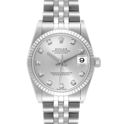 This image shows the front view of the Rolex Datejust Mid-Size watch, highlighting its face, bezel, crown, and bracelet.