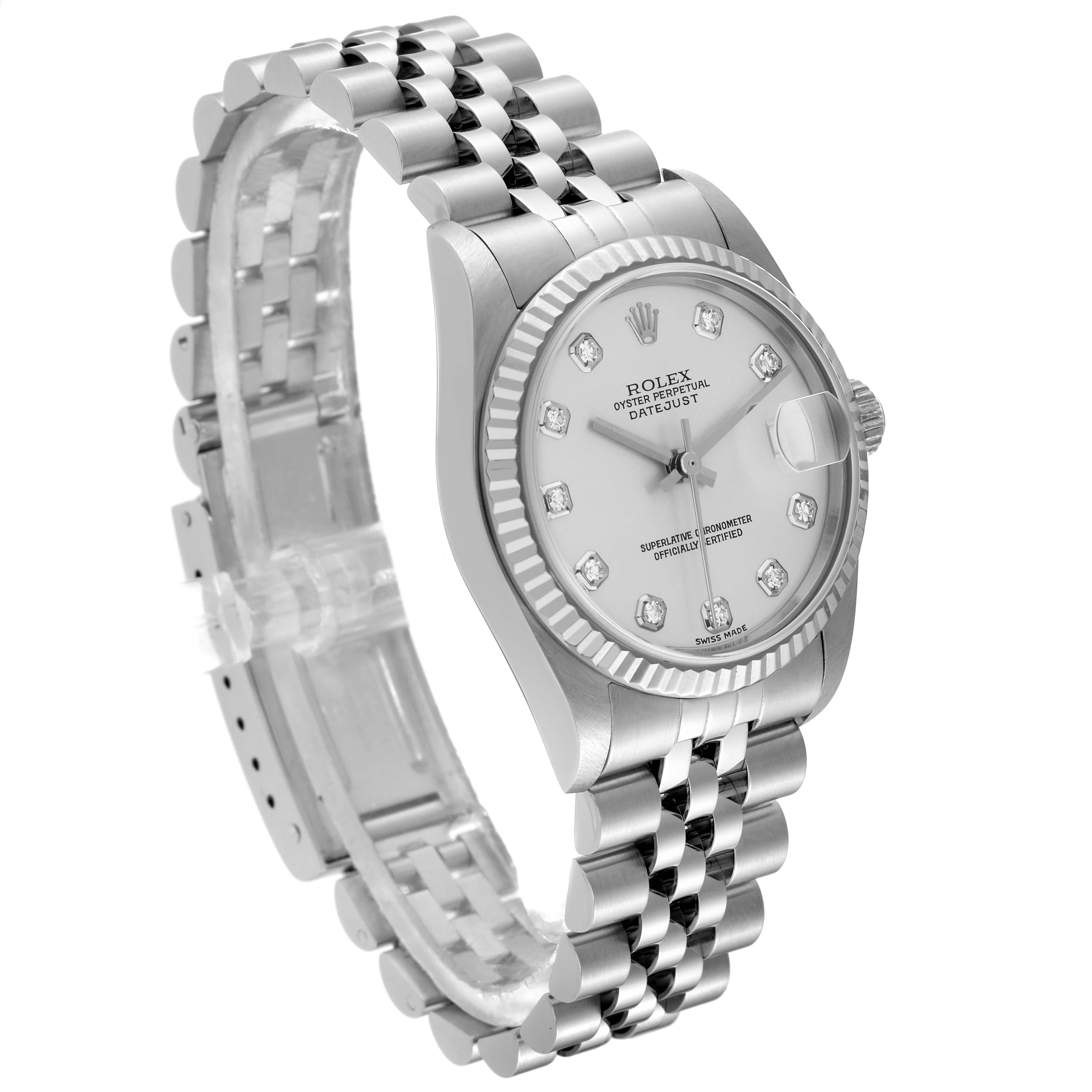 The image shows a side angle of a Rolex Mid-Size 78274 Women's Stainless Steel Silver Dial 78274 Women's Stainless Steel Silver Dial Datejust watch, highlighting its face, bezel, crown, and bracelet.
