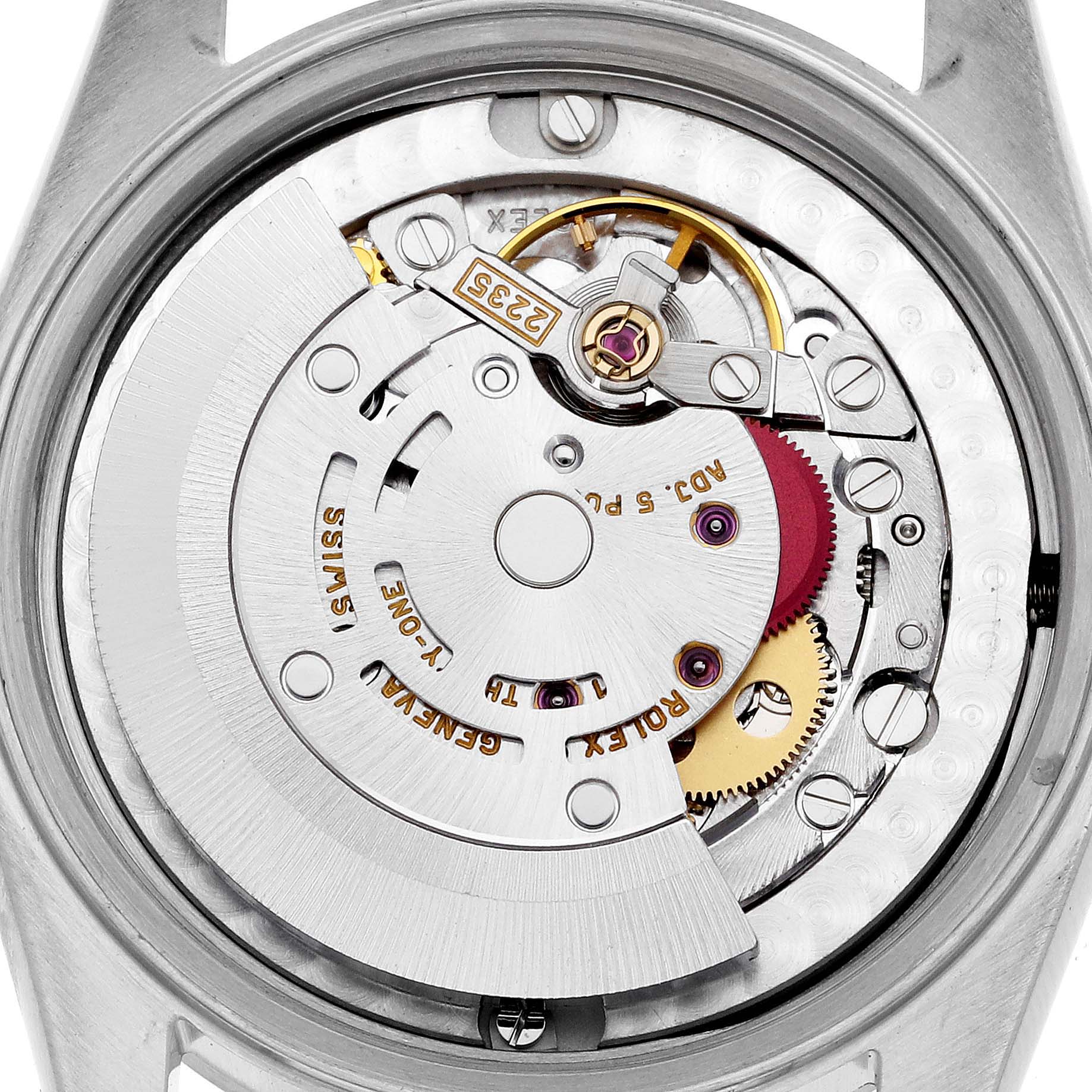 This close-up image shows the internal mechanism of a Mid-Size Rolex watch, viewed from the back.