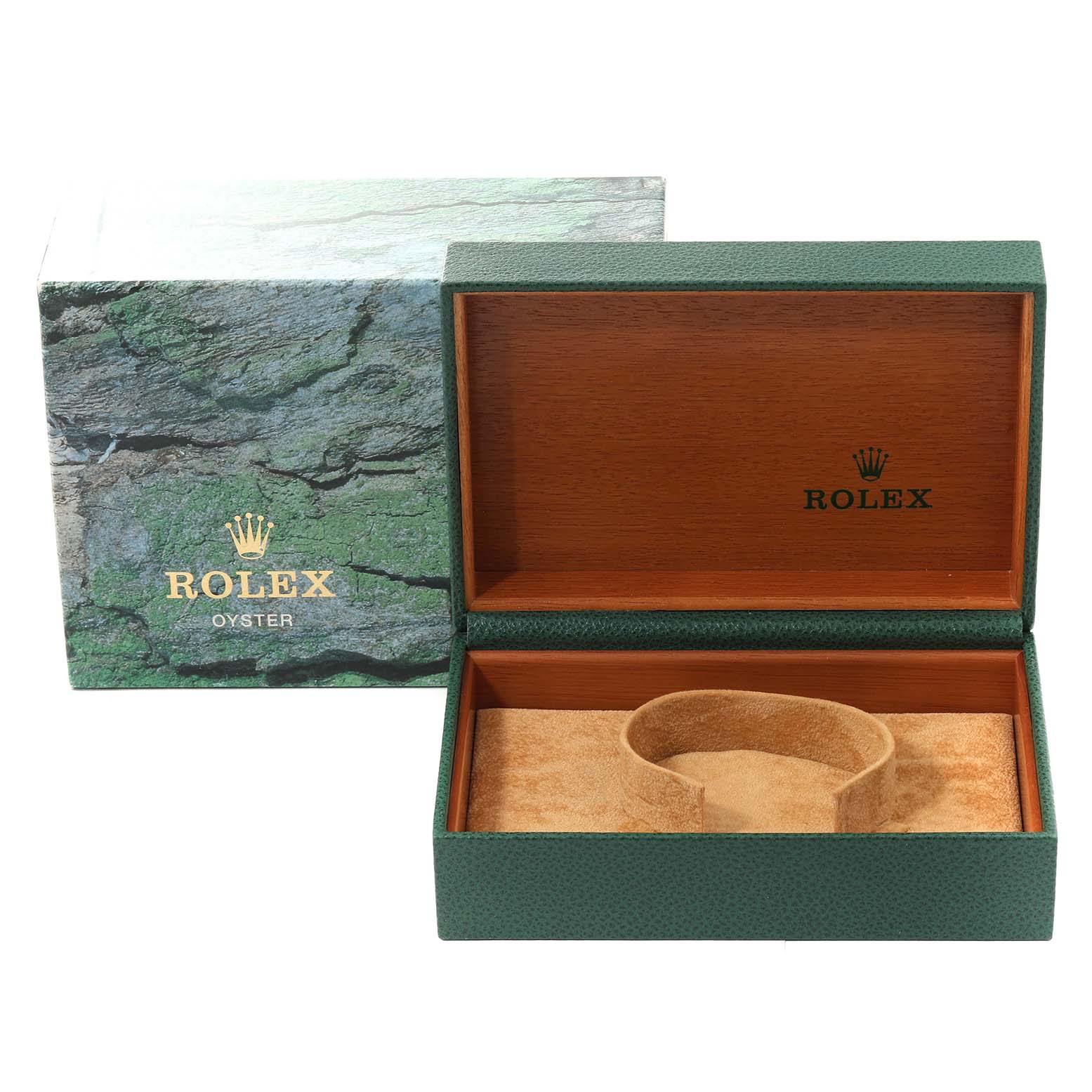 This image shows an empty Rolex Mid-Size 78274 Women's Stainless Steel Silver Dial 78274 Women's Stainless Steel Silver Dial watch box and its outer packaging from a front angle.