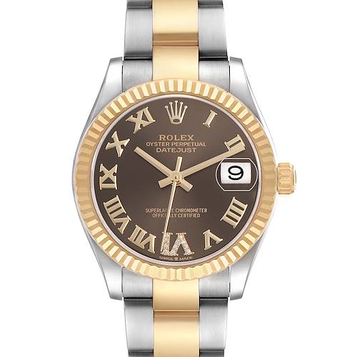 The Rolex Mid-Size 278273 Women's Steel and Gold (two tone) Brown Dial watch is shown from the front, displaying its dial, bezel, and partial bracelet.