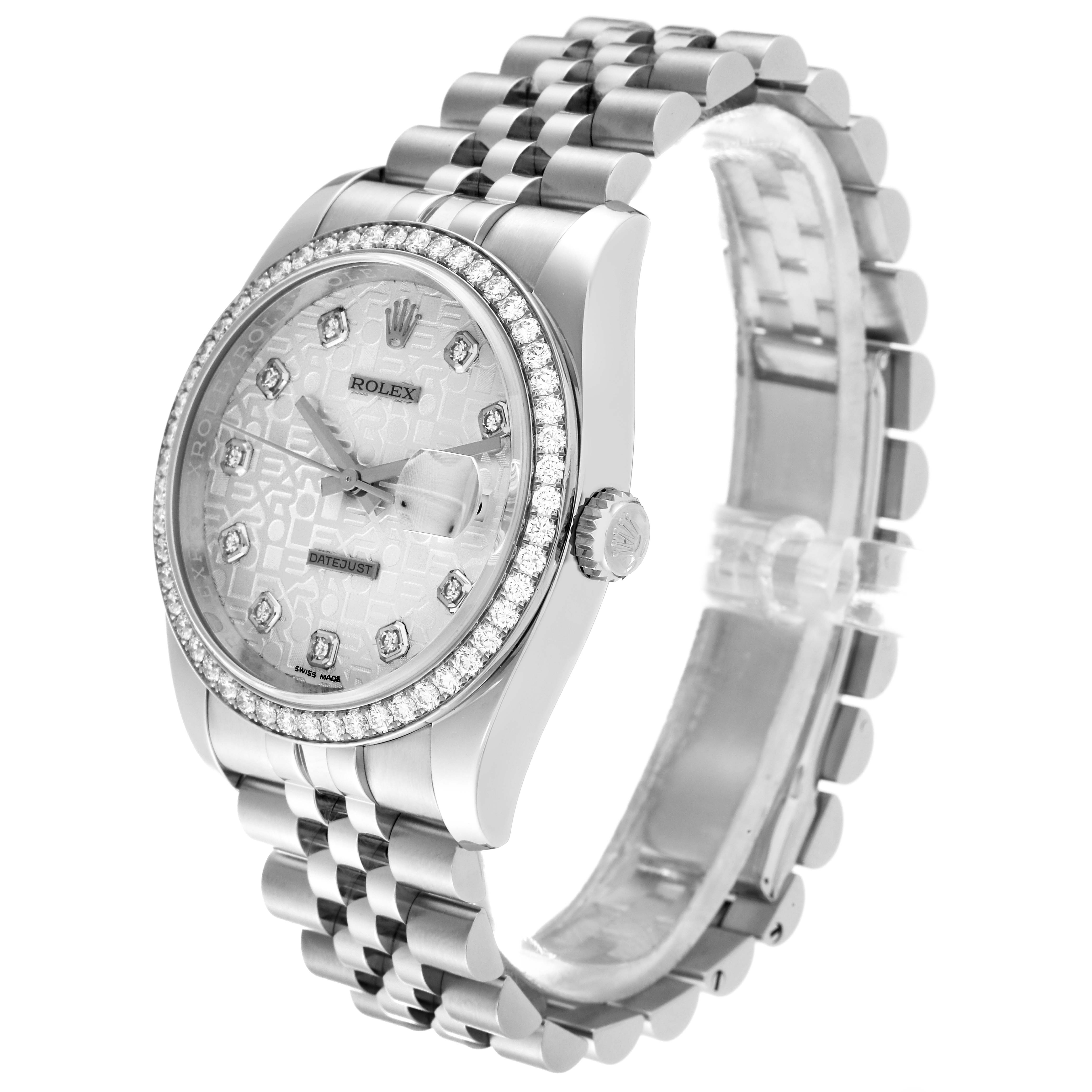 The Rolex Datejust 116244 Men's Stainless Steel Silver Dial 116244 Men's Stainless Steel Silver Dial watch is shown angled from the front-left, highlighting the dial, bezel, and bracelet.