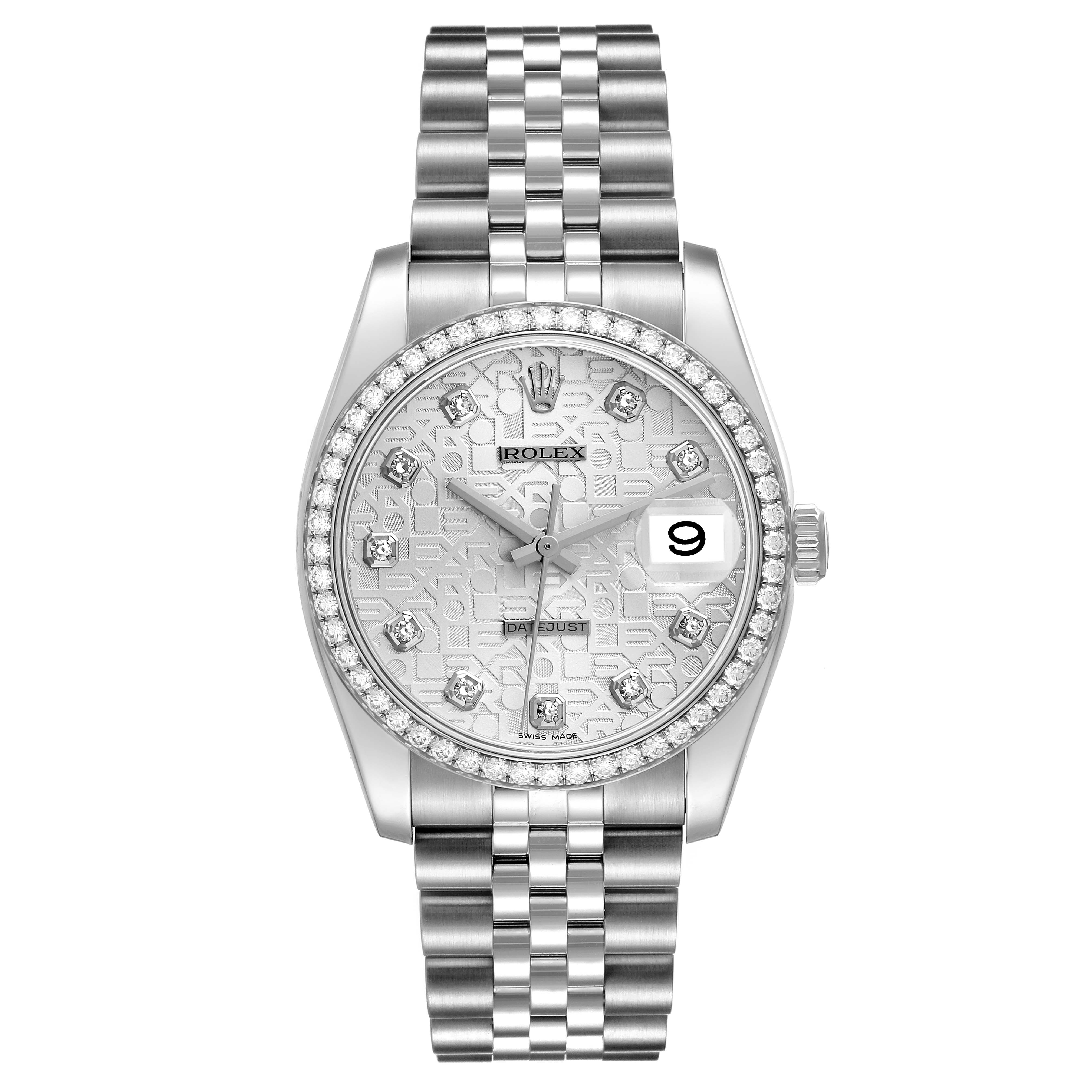 The image shows a frontal view of a Rolex Datejust 116244 Men's Stainless Steel Silver Dial 116244 Men's Stainless Steel Silver Dial watch, highlighting the dial, bezel, and bracelet.