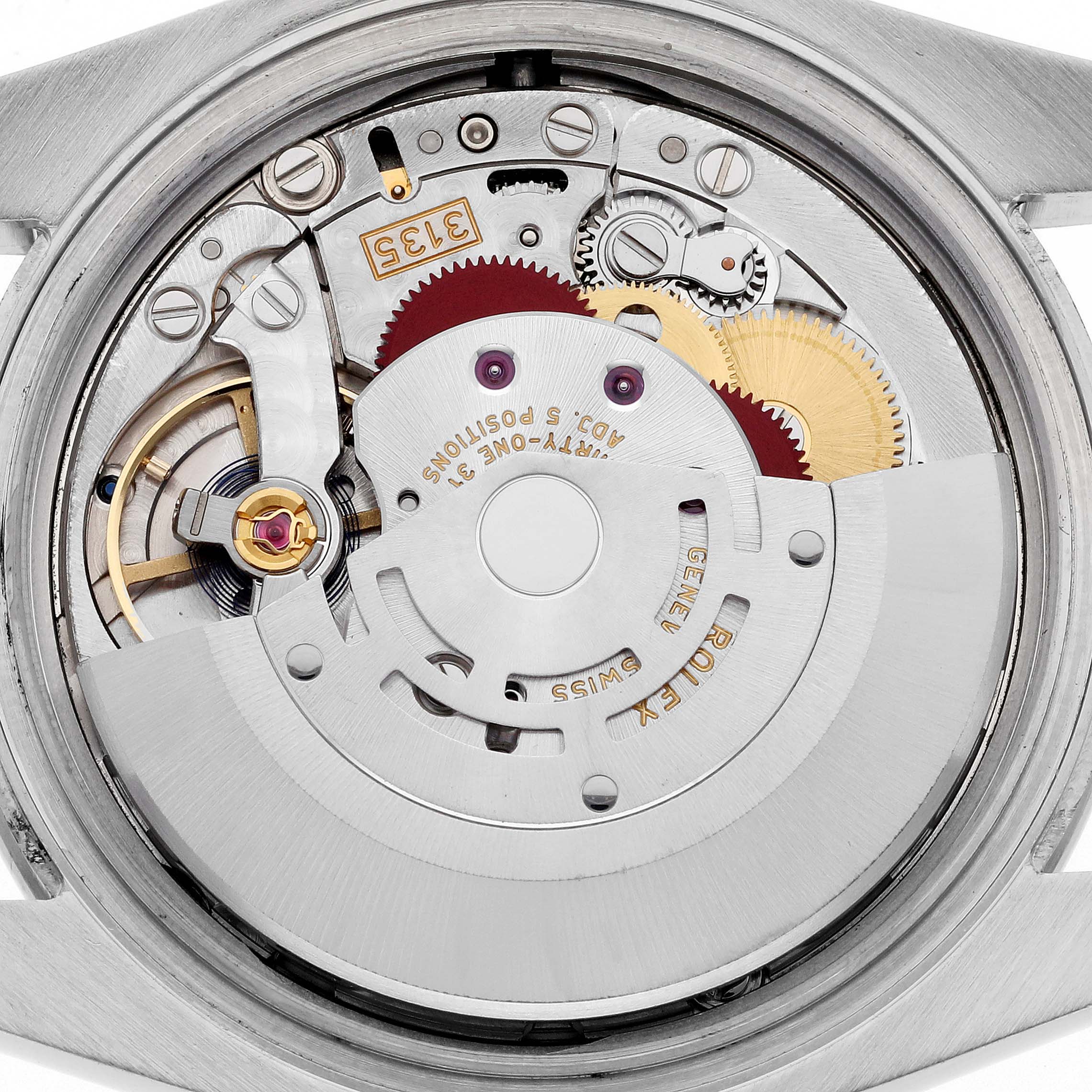 The image shows the internal movement mechanism of a Rolex Datejust 116244 Men's Stainless Steel Silver Dial 116244 Men's Stainless Steel Silver Dial watch from a top-down angle.