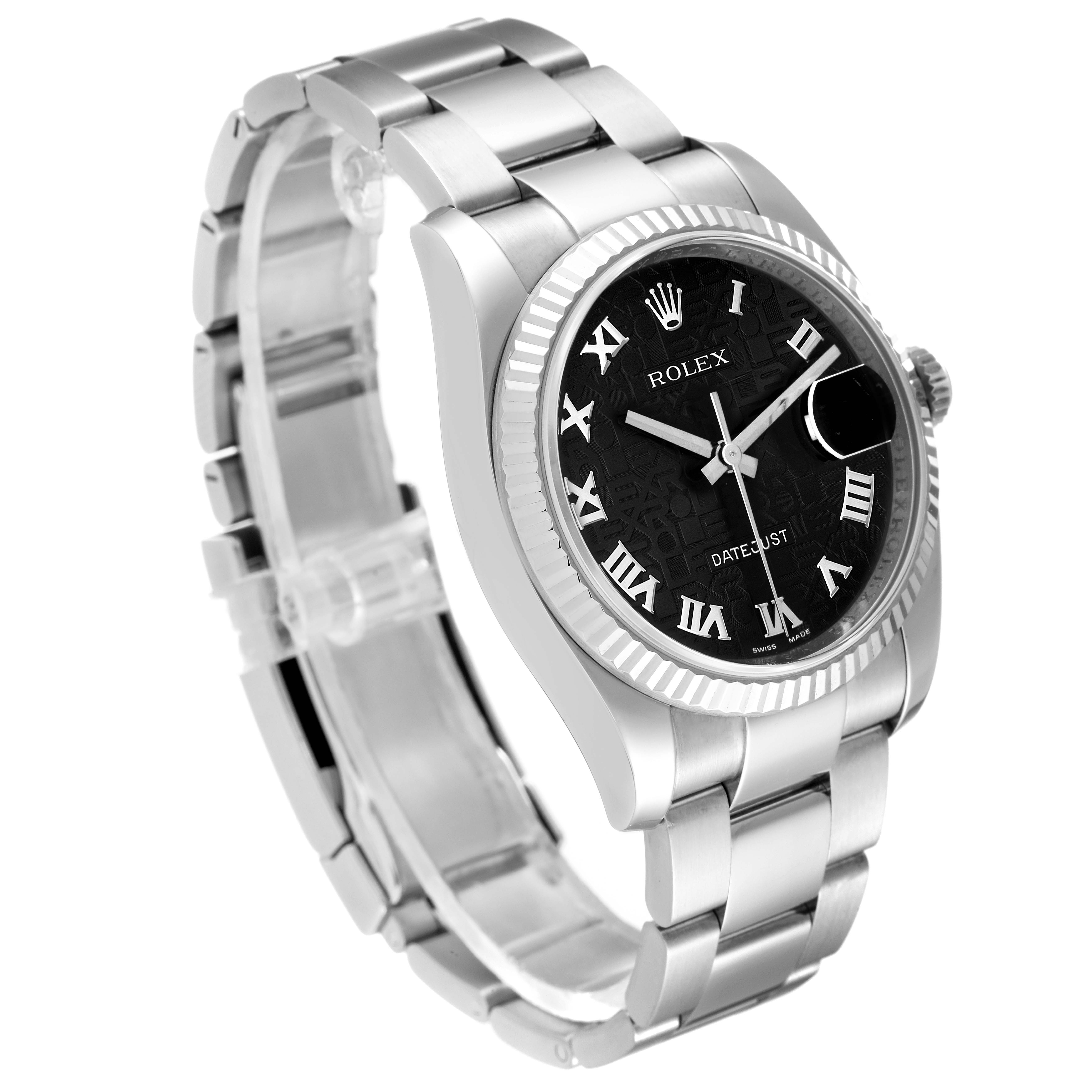 This Rolex Datejust 116234 Men's Stainless Steel Black Dial 116234 Men's Stainless Steel Black Dial model is shown at a three-quarter angle, highlighting the bracelet, bezel, dial, and crown.
