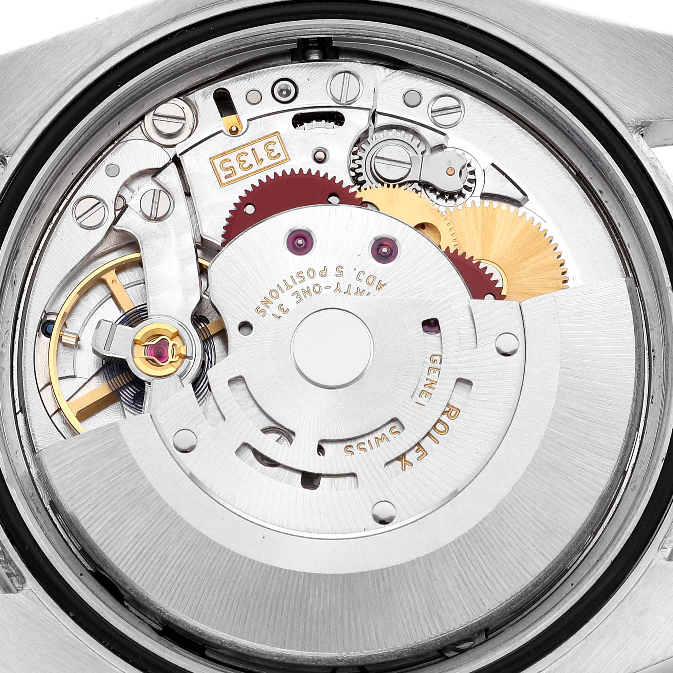 The image shows the intricate internal mechanism and movement of the Rolex Datejust 116234 Men's Stainless Steel Black Dial 116234 Men's Stainless Steel Black Dial watch from a back angle.