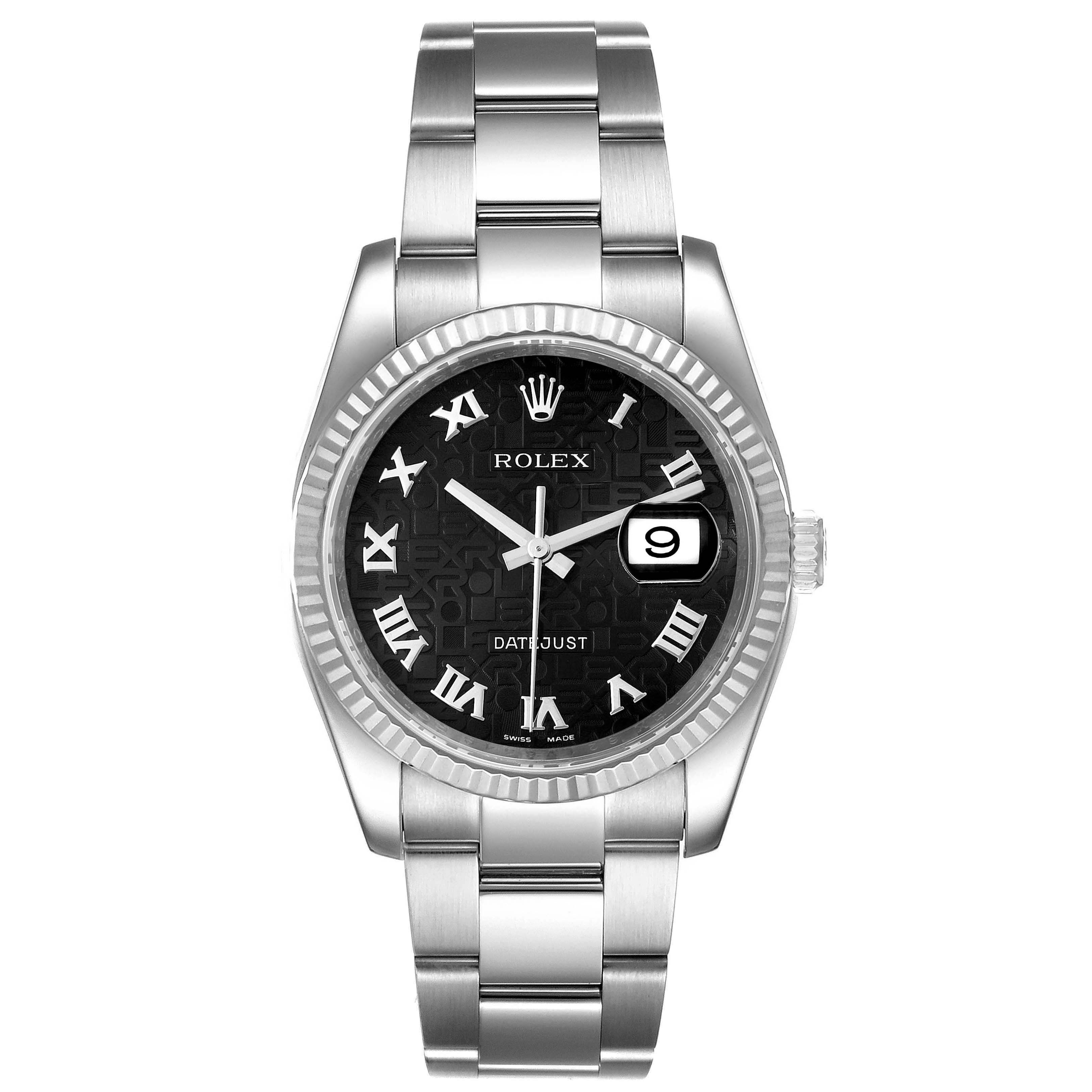 The image shows a Rolex Datejust 116234 Men's Stainless Steel Black Dial 116234 Men's Stainless Steel Black Dial watch from a front angle, displaying its dial, bezel, bracelet, and date window.