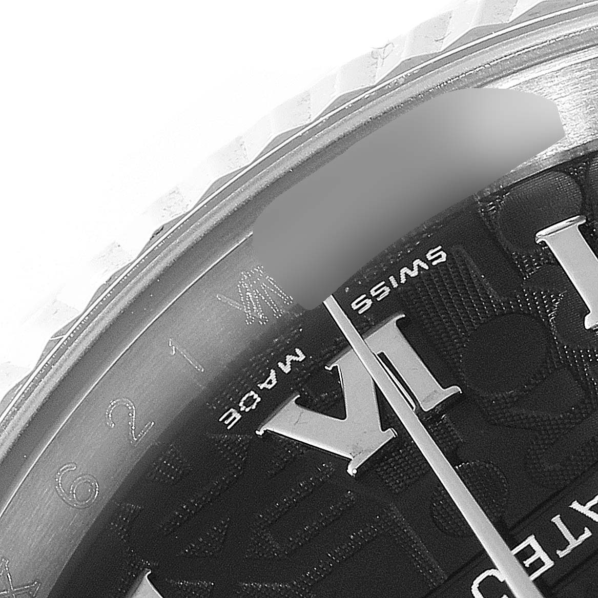 The image shows a close-up view of the Rolex Datejust 116234 Men's Stainless Steel Black Dial 116234 Men's Stainless Steel Black Dial watch face, focusing on the Roman numerals and "Swiss Made" text.