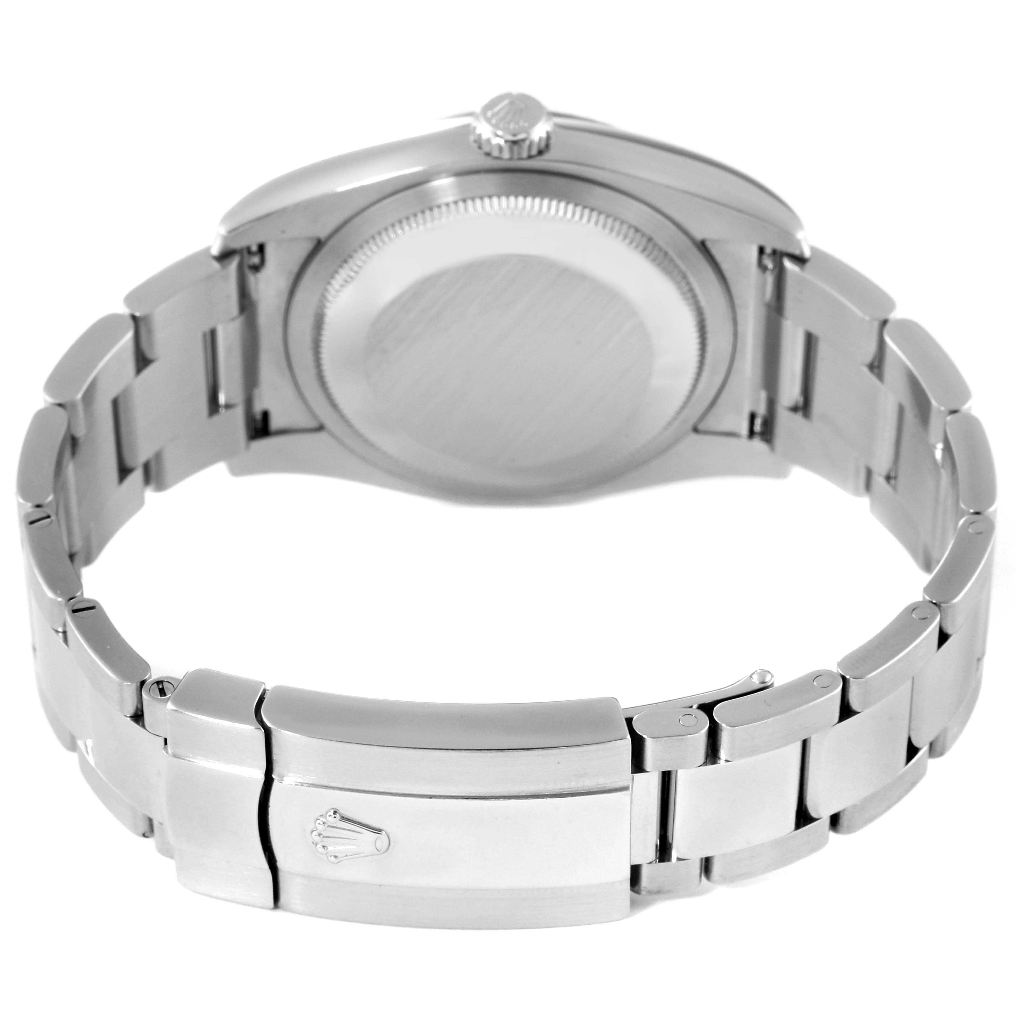 The image shows the back case, crown, and bracelet clasp of the Rolex Datejust 116234 Men's Stainless Steel Black Dial 116234 Men's Stainless Steel Black Dial watch from a rear angle.