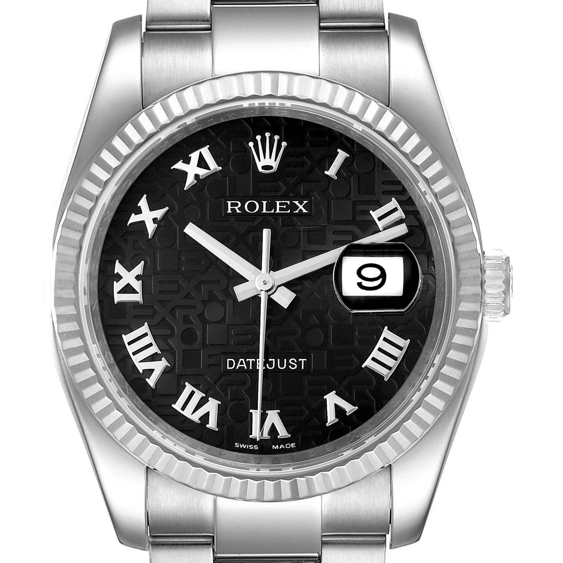 The image shows a front view of a Rolex Datejust 116234 Men's Stainless Steel Black Dial 116234 Men's Stainless Steel Black Dial watch, highlighting its dial, bezel, crown, and part of the bracelet.