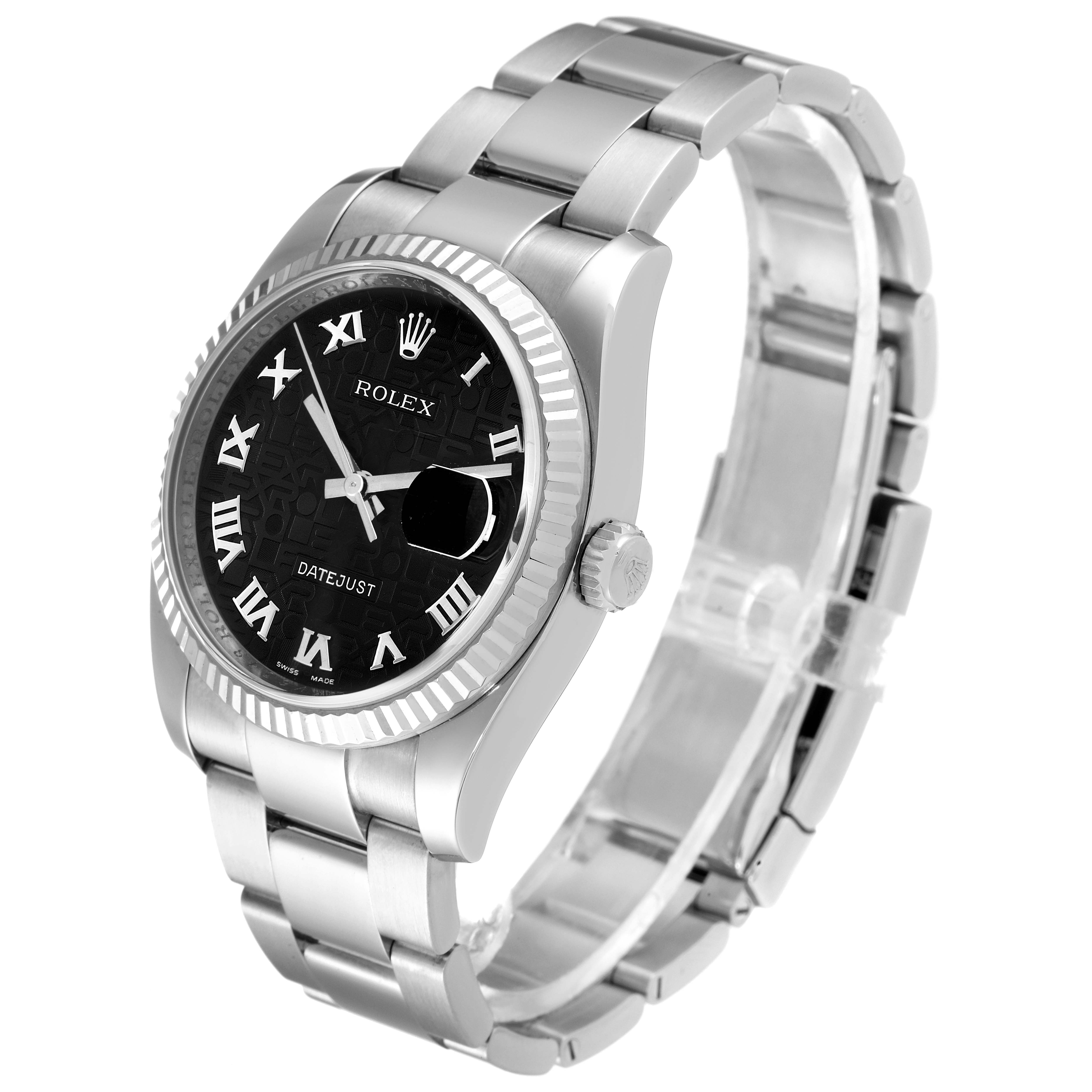 The Rolex Datejust 116234 Men's Stainless Steel Black Dial 116234 Men's Stainless Steel Black Dial watch is shown at a slight right front angle, displaying the face, bezel, crown, bracelet, and clasp.