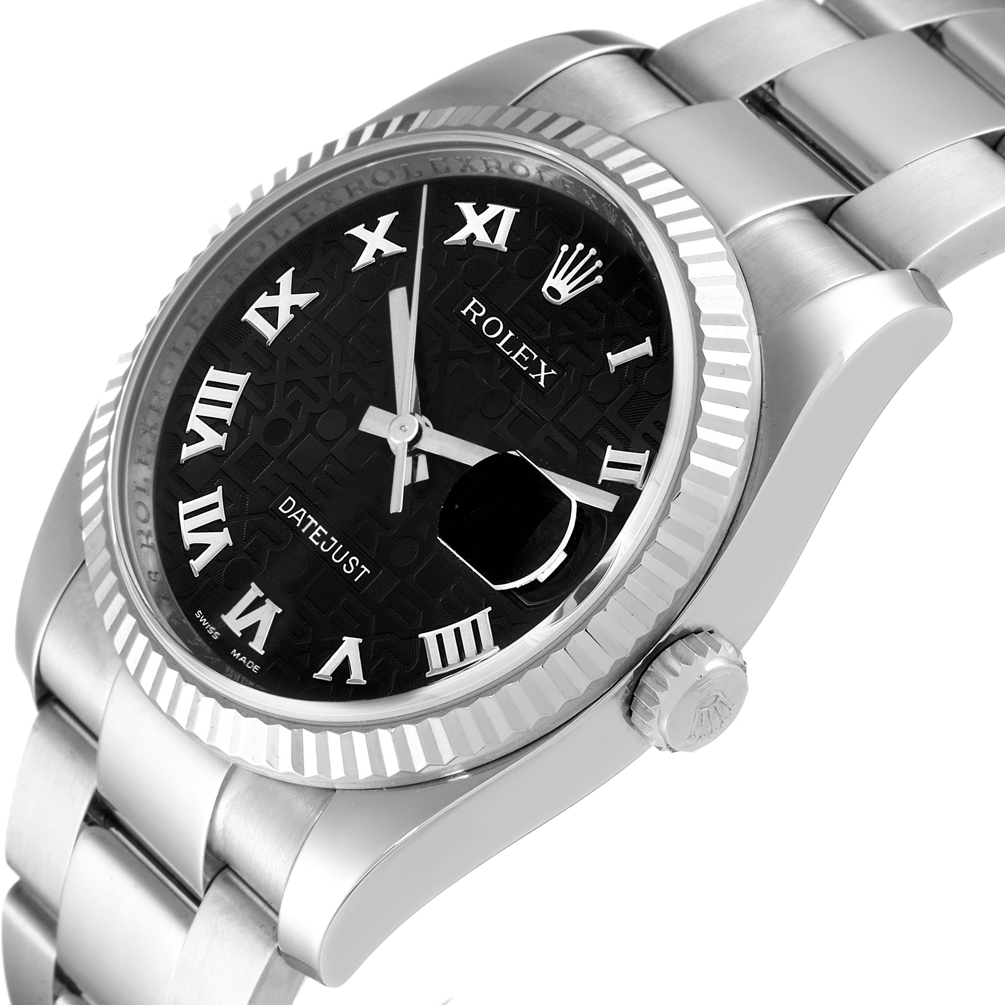 This image shows a Rolex Datejust 116234 Men's Stainless Steel Black Dial 116234 Men's Stainless Steel Black Dial watch at an angled close-up, highlighting the bezel, dial, crown, and bracelet.