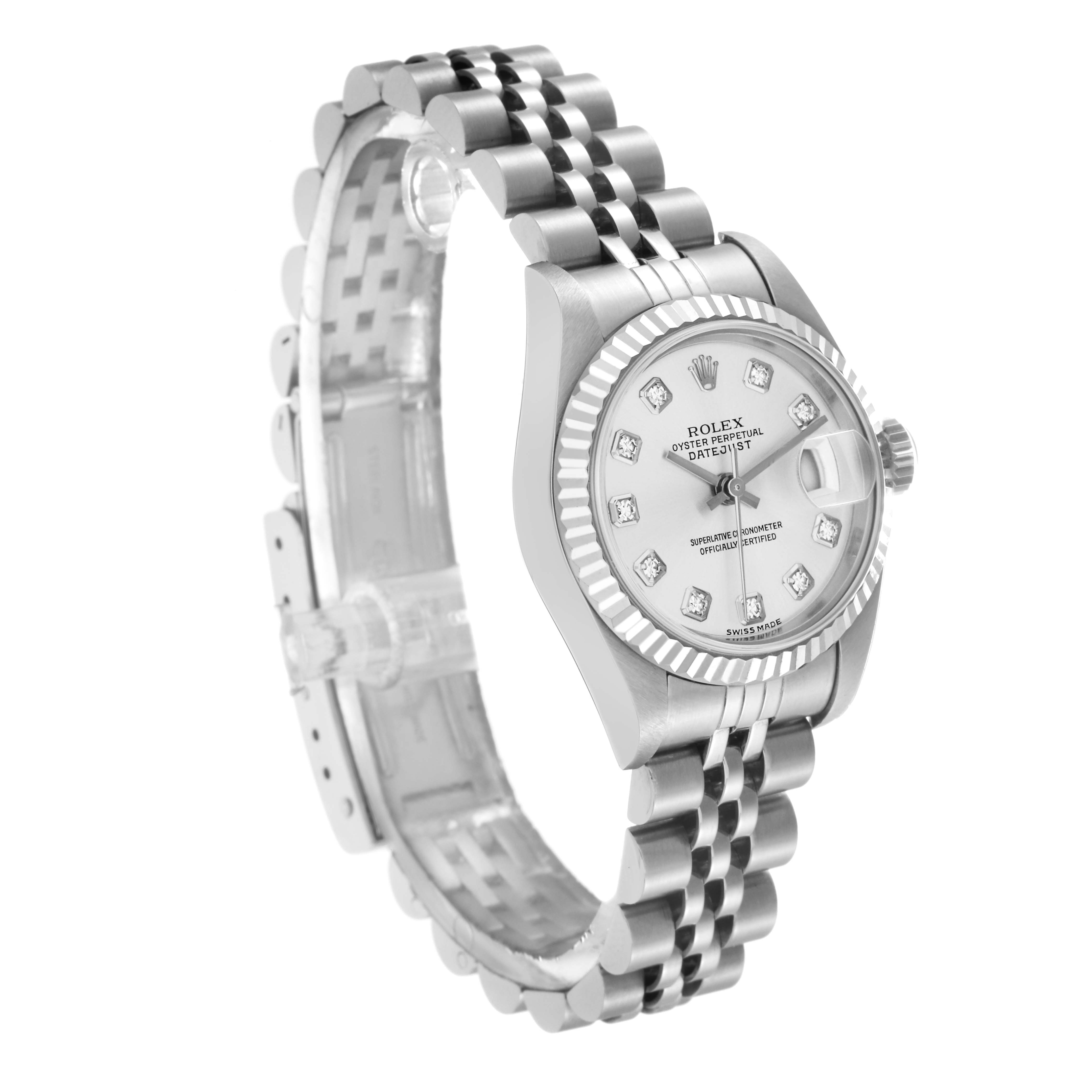 The Rolex Datejust model 79174 is shown at a three-quarter angle, displaying its face, fluted bezel, crown, and Jubilee bracelet.