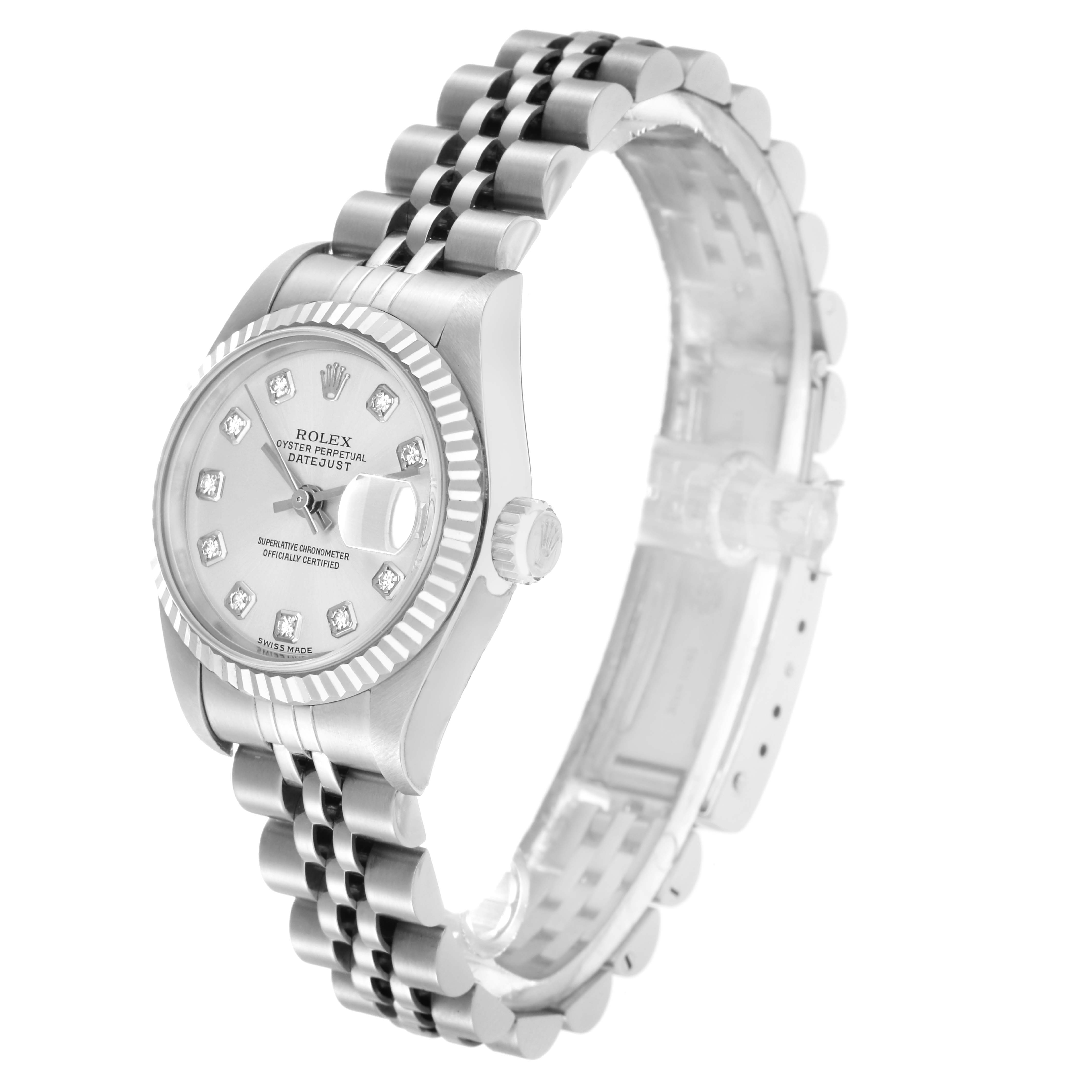 The Rolex Datejust model 79174 is shown at a three-quarter angle, highlighting the watch face, bezel, crown, and part of the bracelet.