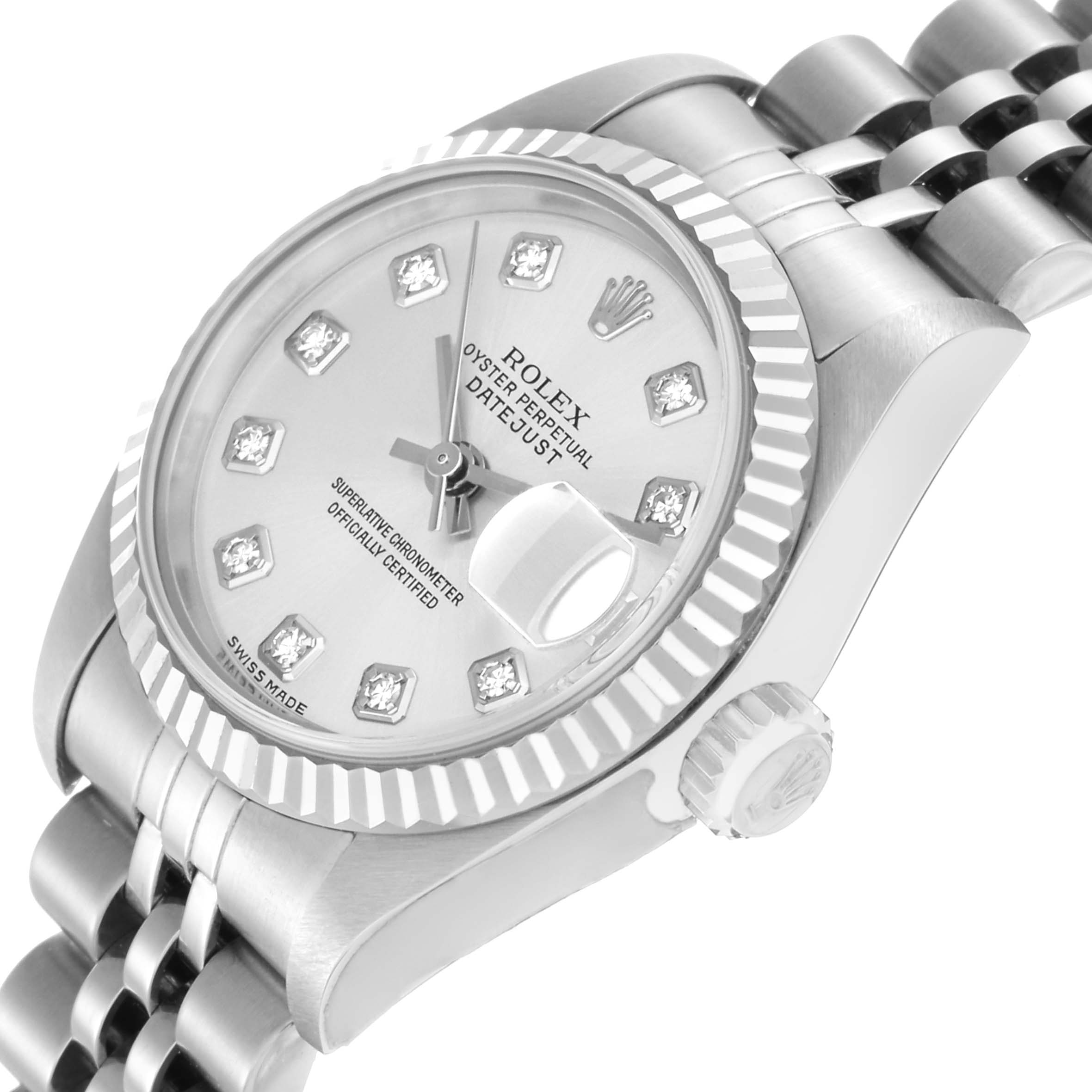 The Rolex Datejust model 79174 is shown at a slight angle, highlighting the face, bezel, diamond hour markers, and partial jubilee bracelet.