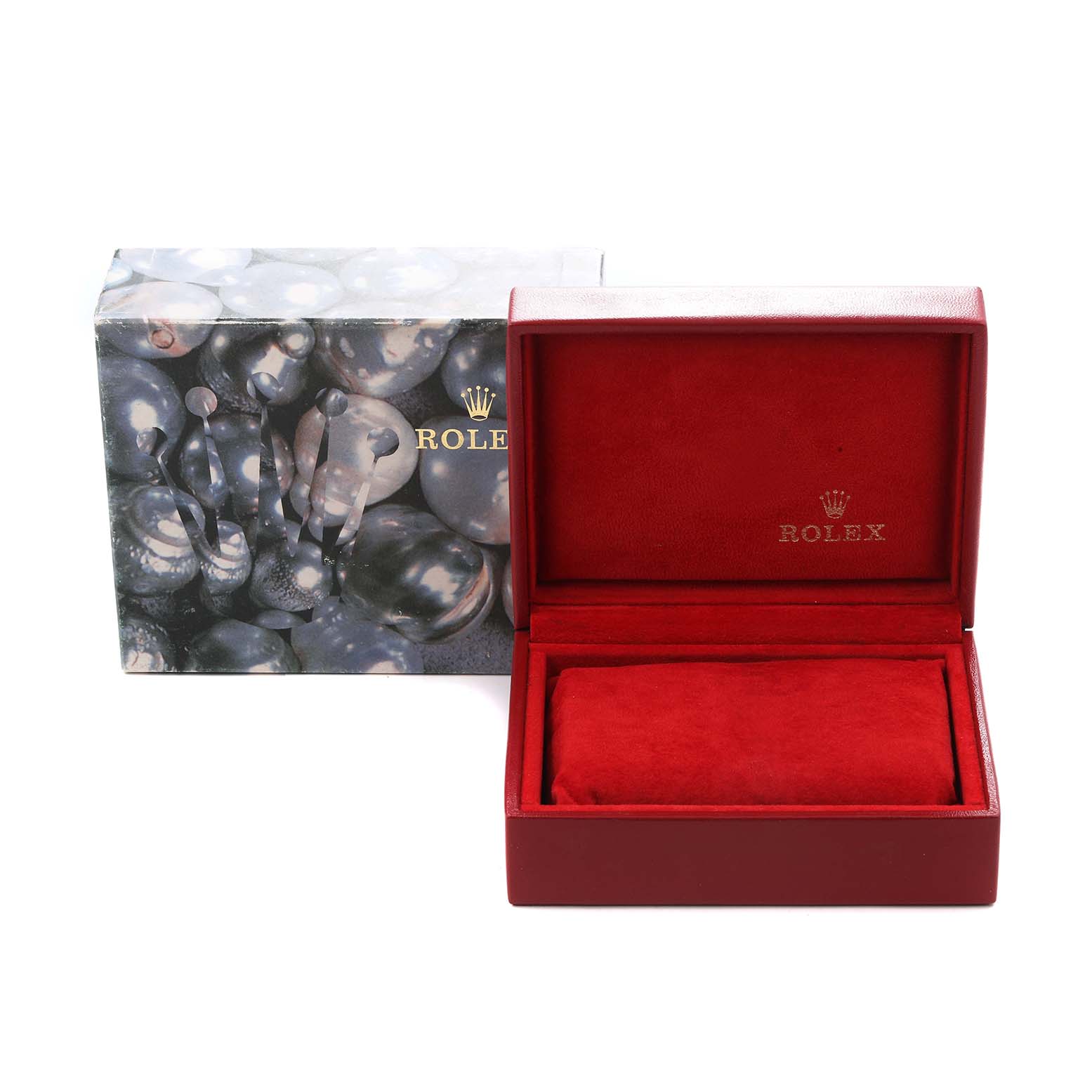 The image shows a Rolex Datejust model 79174 watch box and outer packaging, with the box open and displaying a plush red interior.