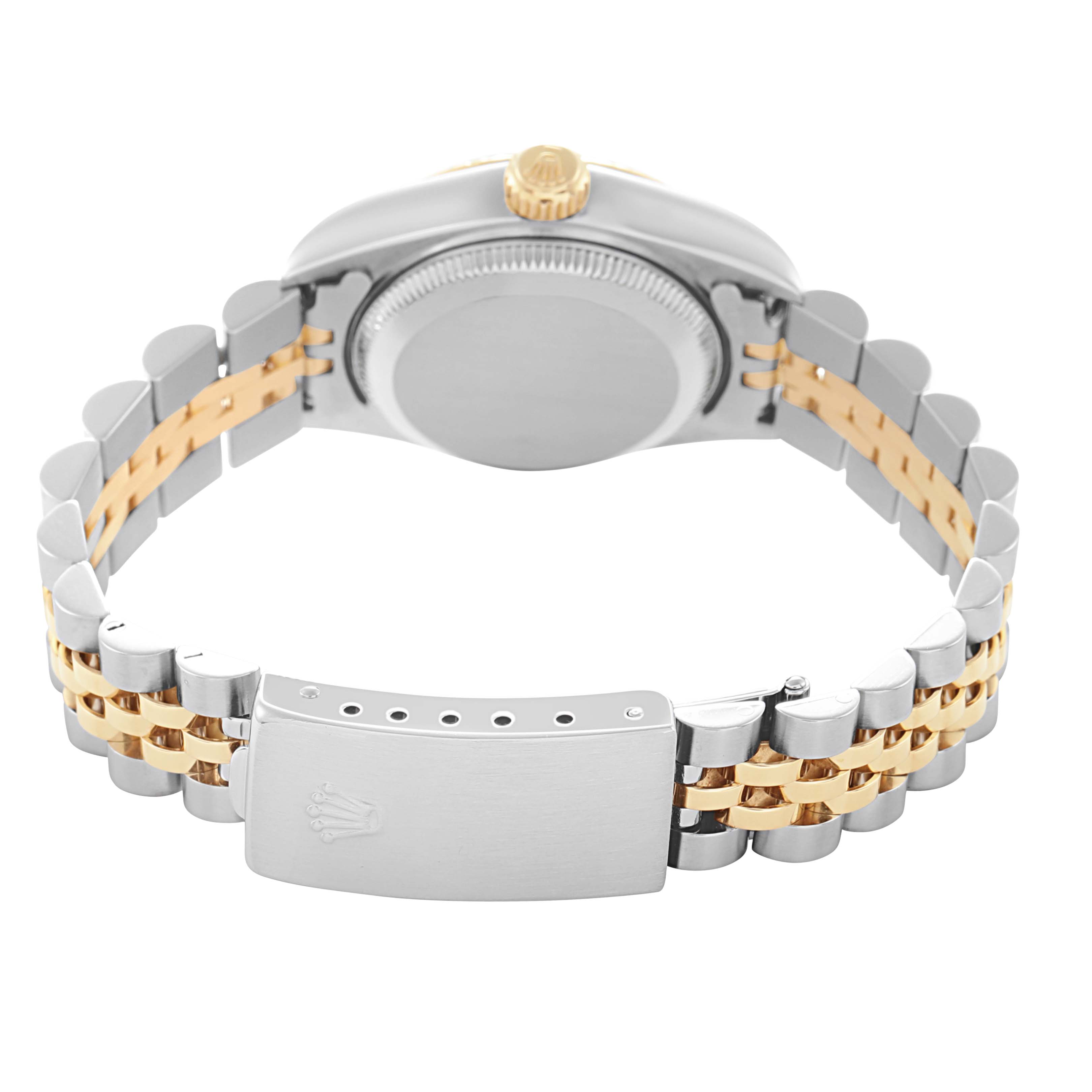 The image shows the back and clasp of a Rolex Datejust model 79173 men's watch, highlighting the bracelet and case back.