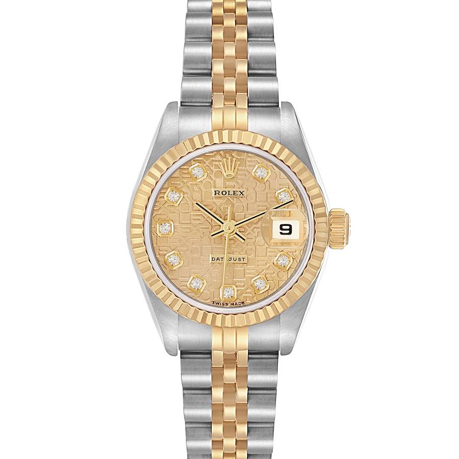 The Rolex Datejust model 79173 is shown from a front angle featuring its dial, bezel, case, crown, and two-tone bracelet.