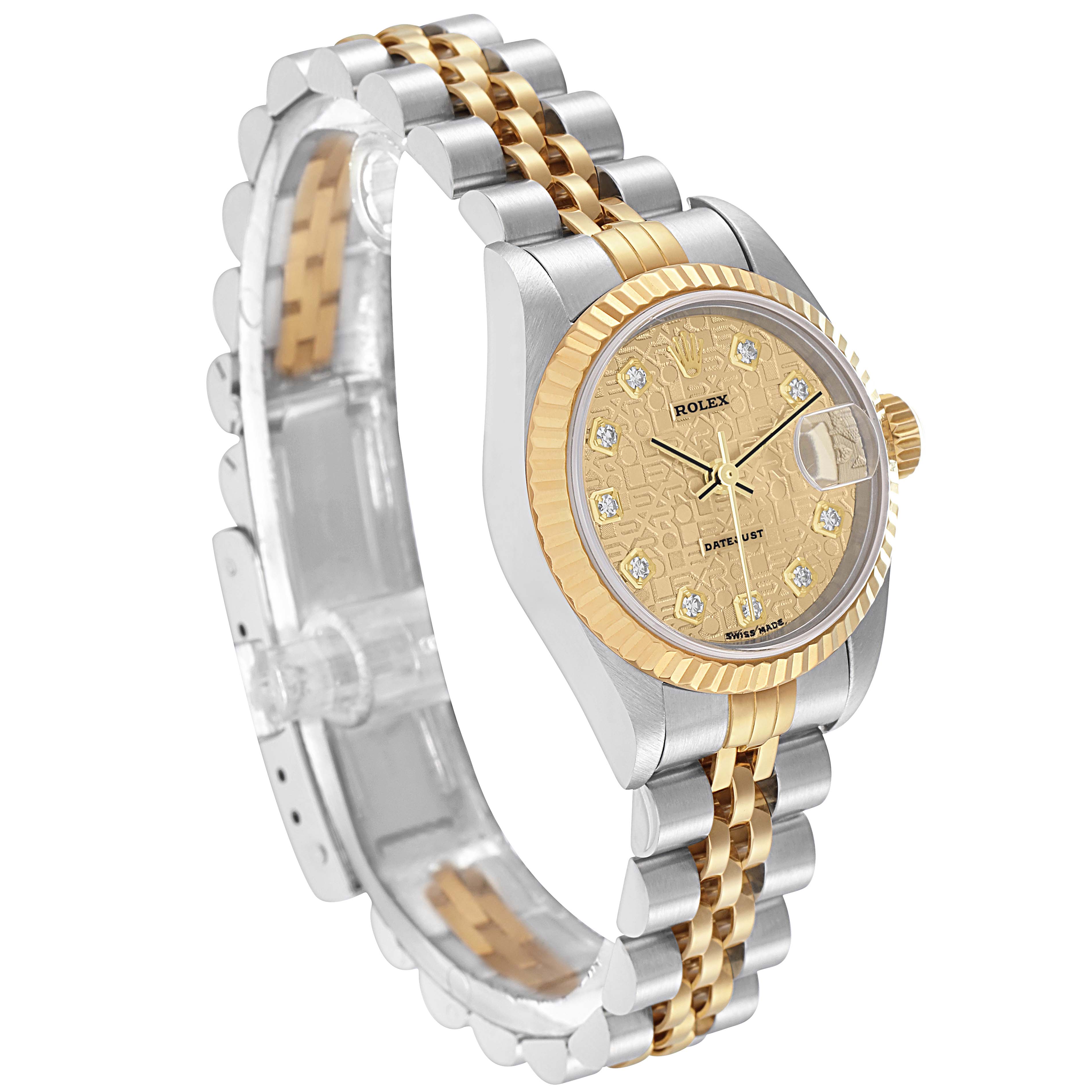 The Rolex Datejust model 79173 men's watch is shown at an angle highlighting the face, bezel, and jubilee bracelet, emphasizing its two-tone design.
