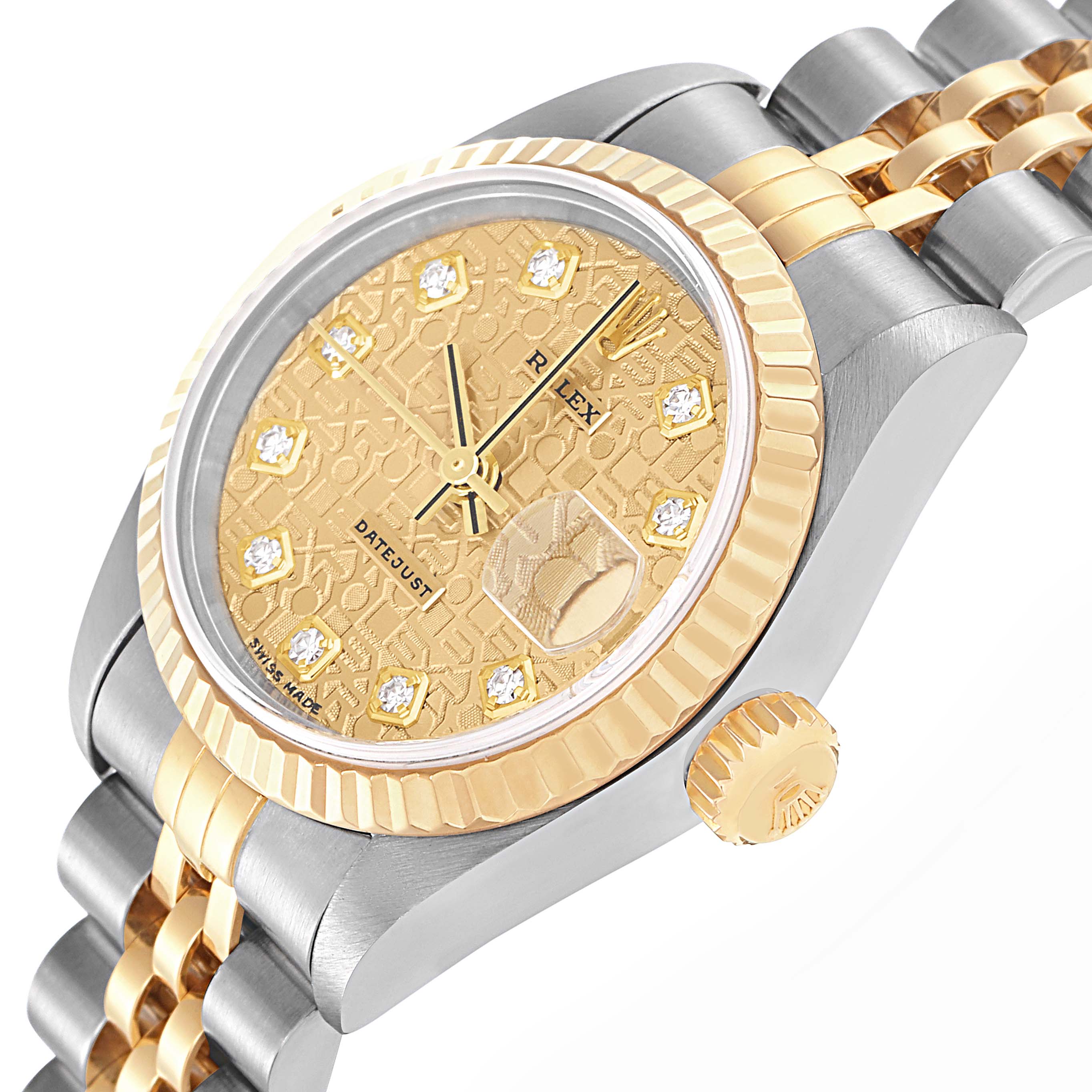 The image shows a Rolex Datejust model 79173, featuring a close-up angle highlighting the gold dial, fluted bezel, crown, and part of the jubilee bracelet.