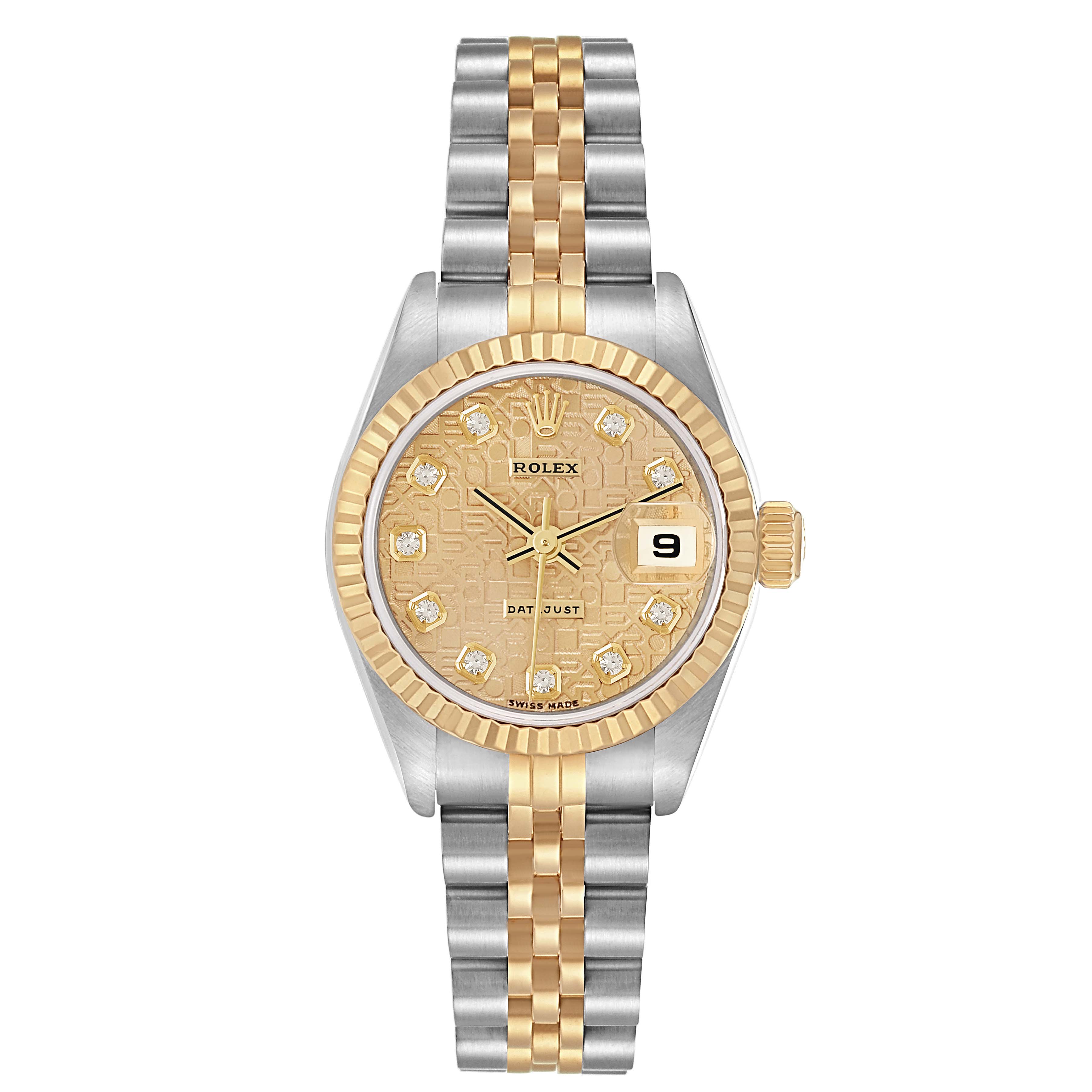 The Rolex Datejust model 79173 is shown from a front view, displaying its dial, bezel, case, and two-tone bracelet.