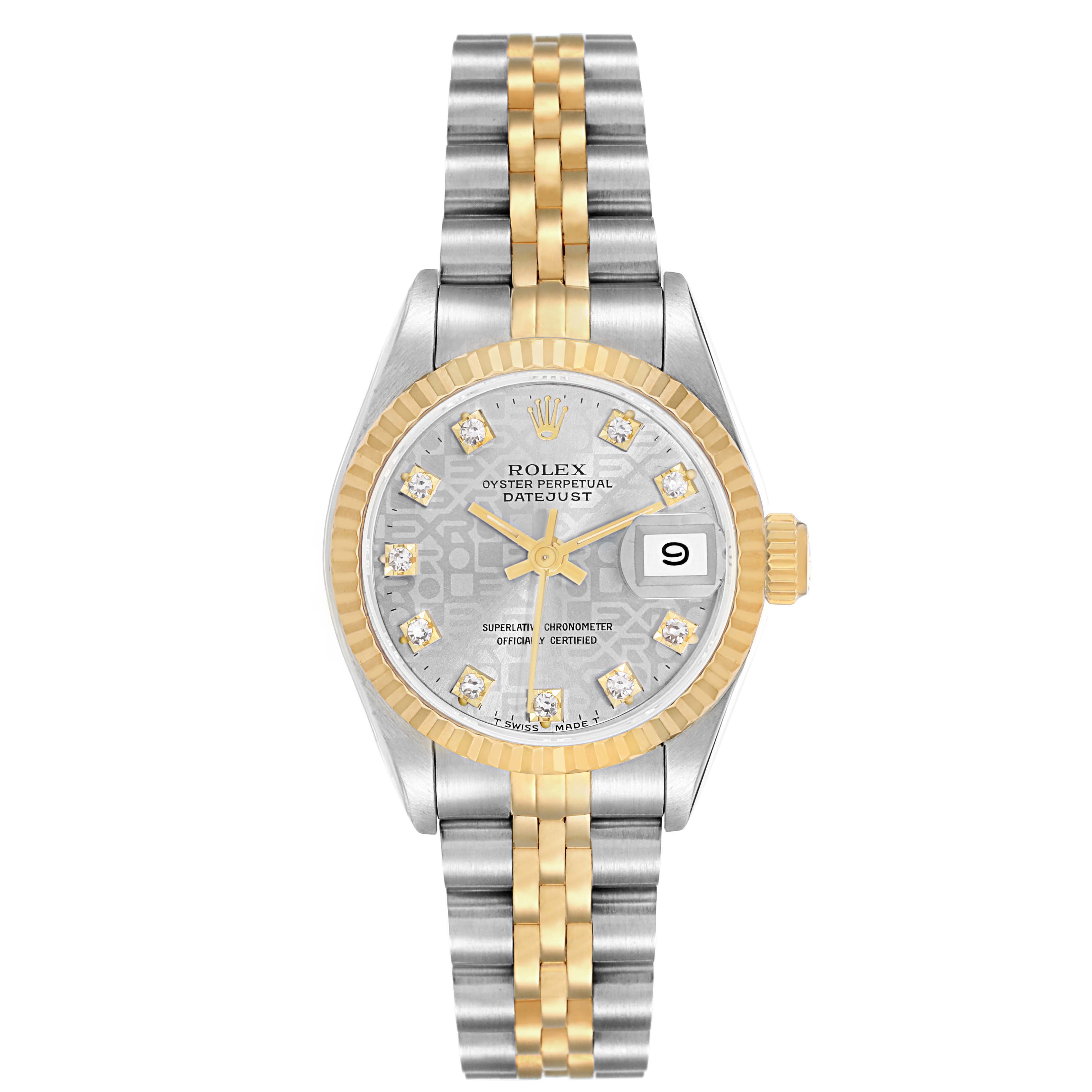 The Rolex Datejust model 69173 is shown from a top-down angle, displaying the dial, bezel, bracelet, and crown.