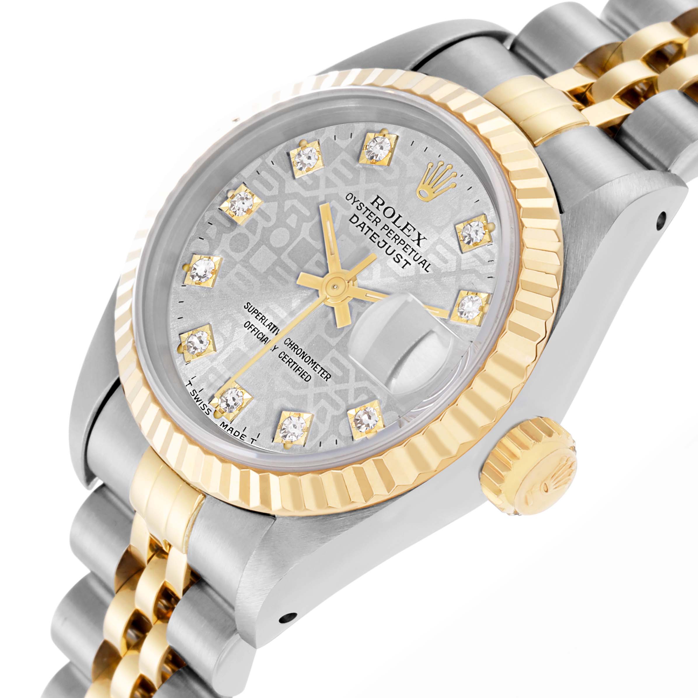 The Rolex Datejust model 69173 is shown at an angled side view, highlighting the dial, bezel, crown, and part of the bracelet.