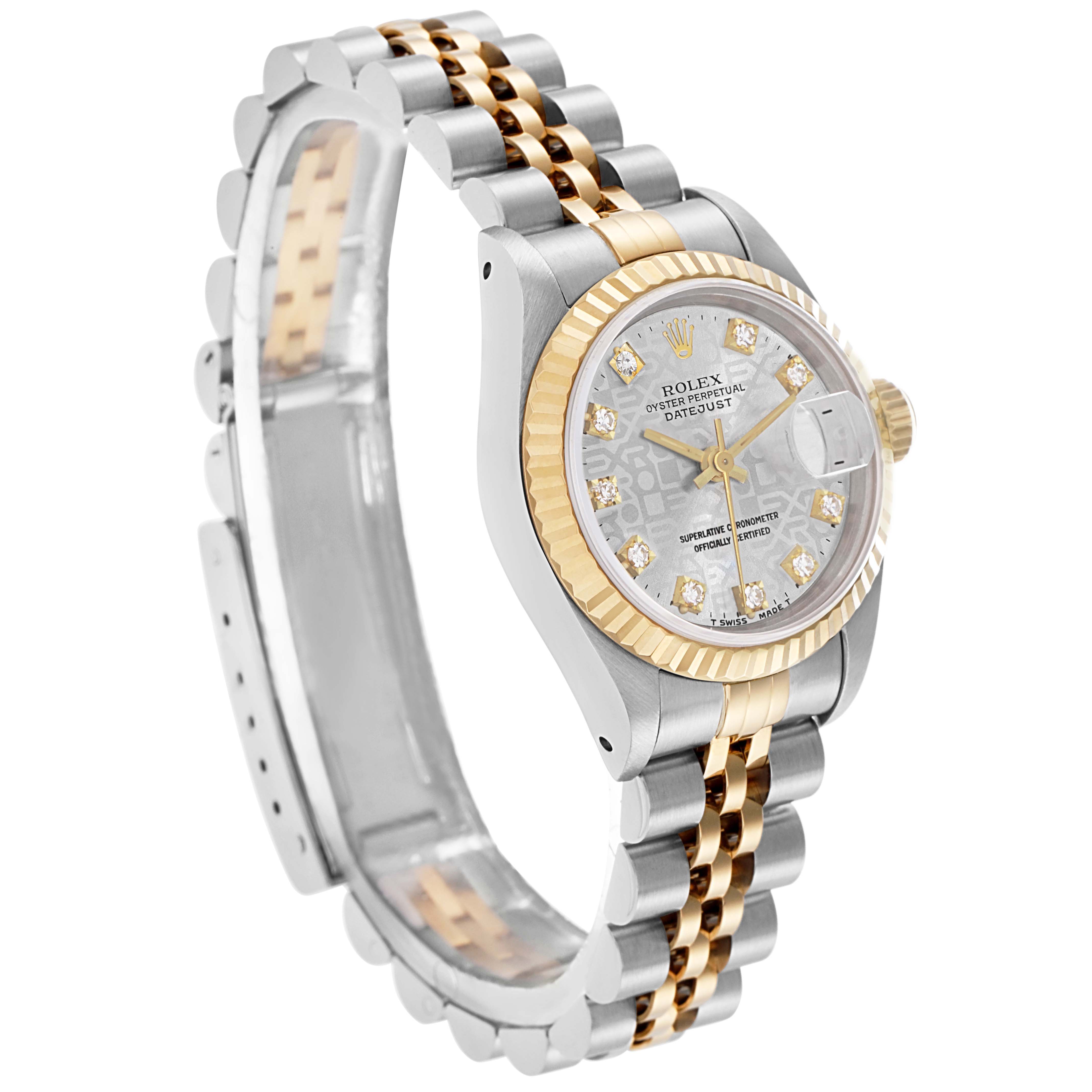 The Rolex Datejust model 69173 is shown at a three-quarter angle, displaying the bezel, dial, crown, and part of the two-tone bracelet.