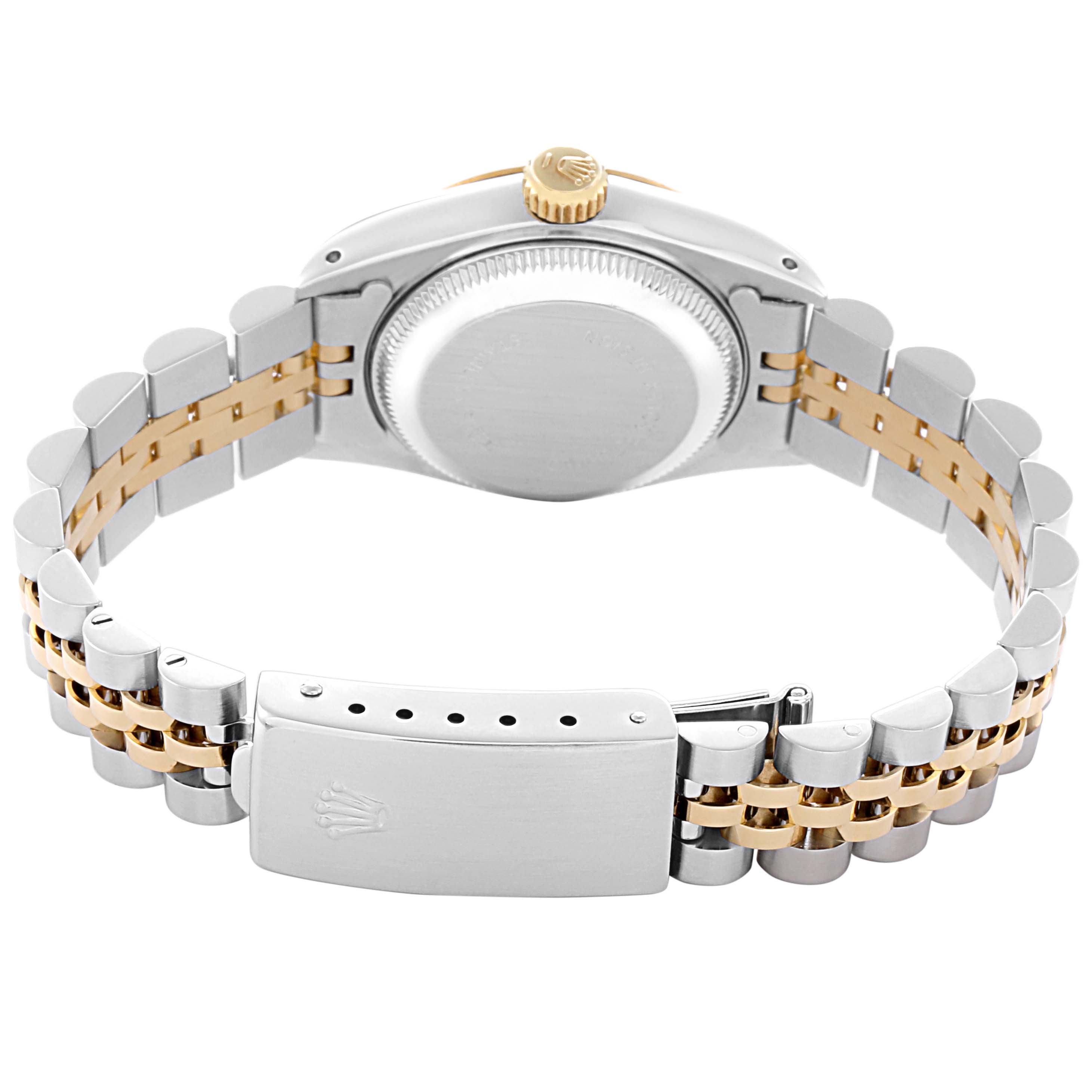 The image shows the back and bracelet of a Rolex Datejust model 69173 men's watch at an angle highlighting the clasp and case back.